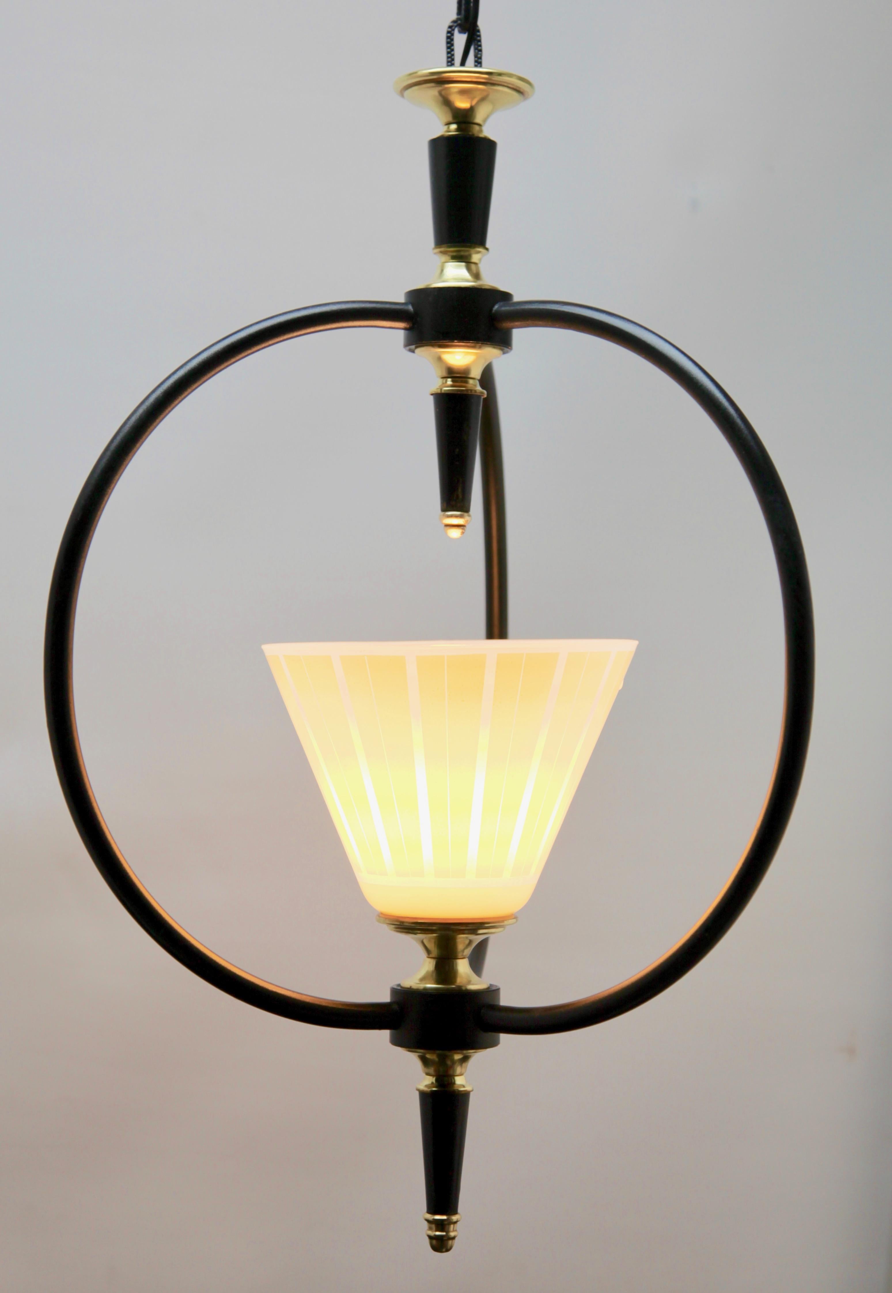 Hand-Crafted Midcentury Pendant Lobby Light Metal and Opaline Lampshade, 1950s For Sale