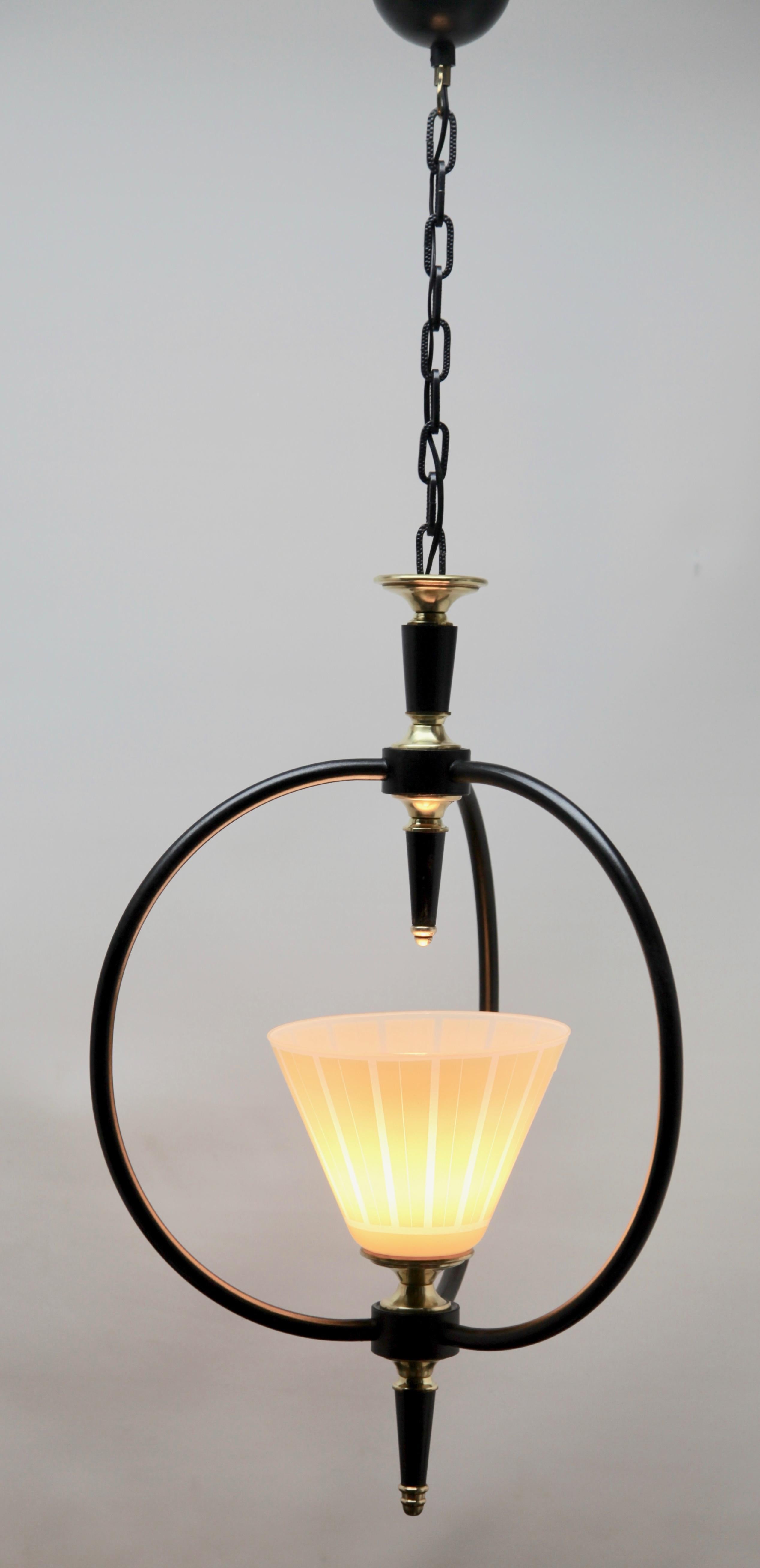 Midcentury Pendant Lobby Light Metal and Opaline Lampshade, 1950s In Good Condition For Sale In Verviers, BE