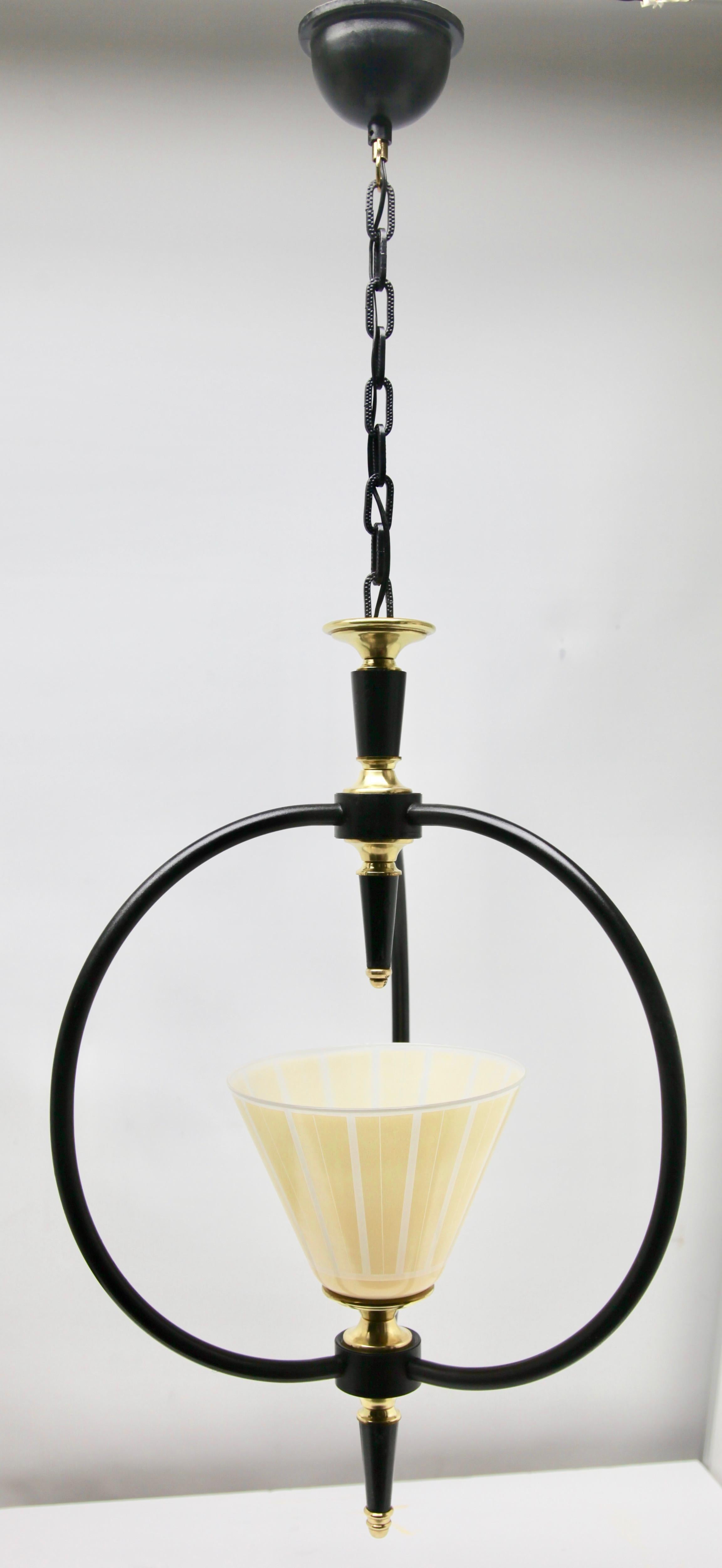 Midcentury Pendant Lobby Light Metal and Opaline Lampshade, 1950s For Sale 1