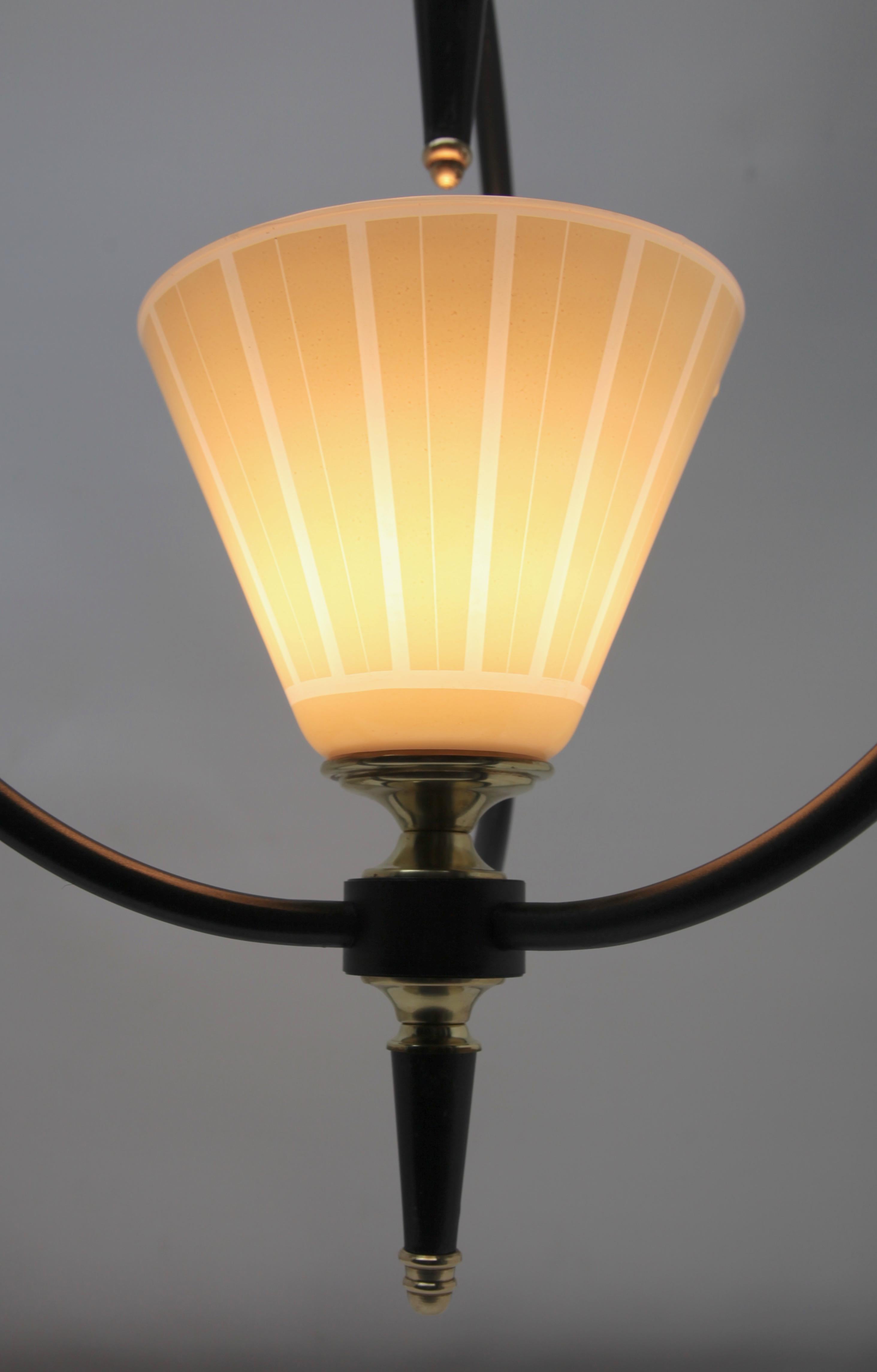 Midcentury Pendant Lobby Light Metal and Opaline Lampshade, 1950s For Sale 2