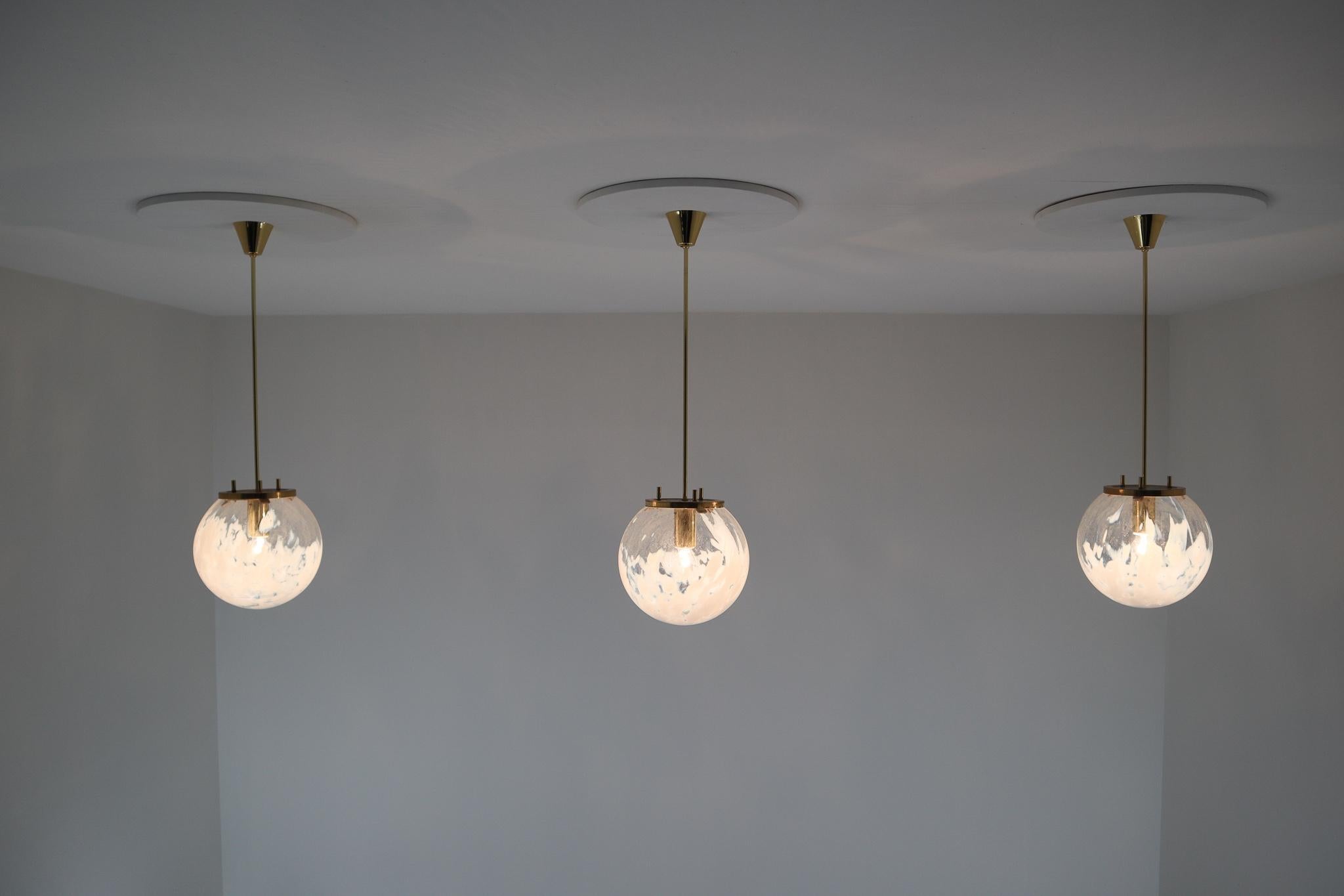 Mid-Century Modern Midcentury Pendants in Brass and Art-Glass with White Streaks, Austria, 1960s