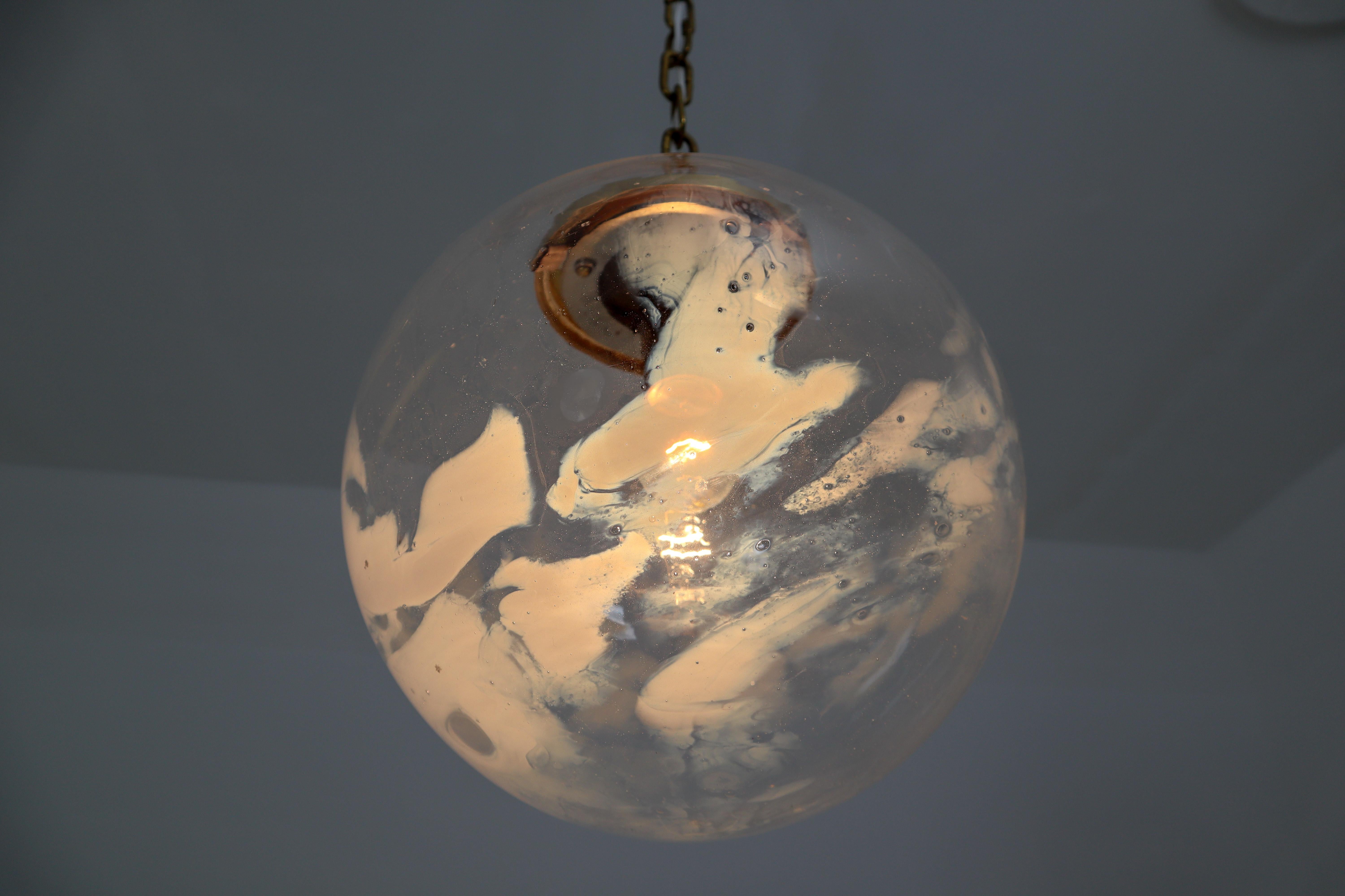 Midcentury Pendants in Brass and Art-Glass with White Streaks, European, 1970s In Good Condition In Almelo, NL