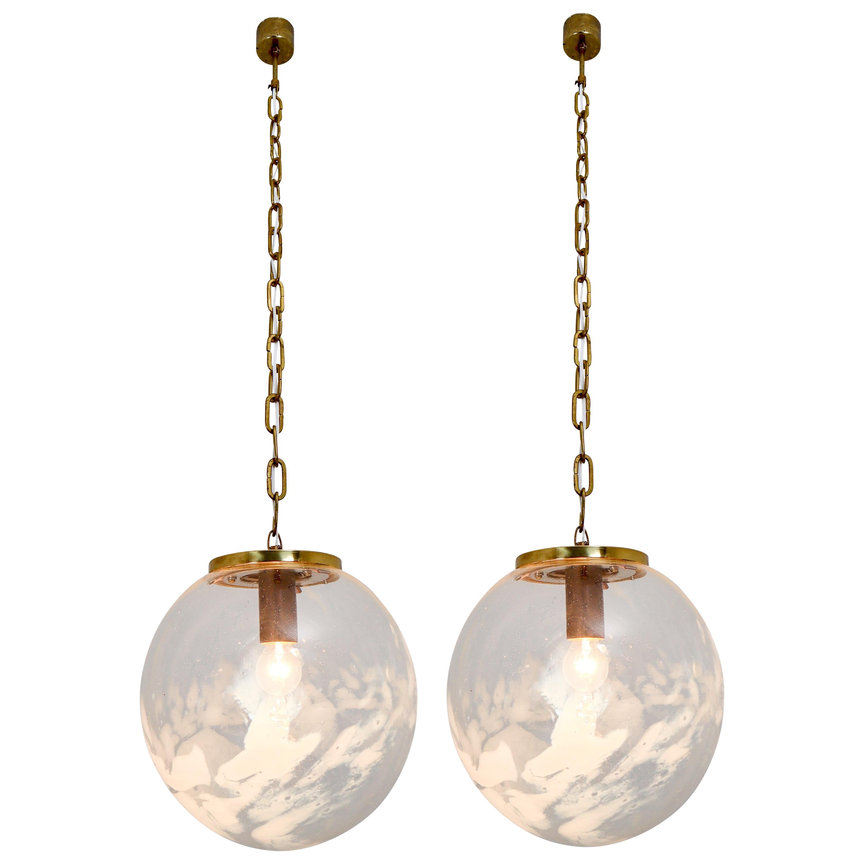 Midcentury Pendants in Brass and Art-Glass with White Streaks, European, 1970s