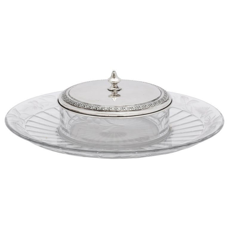 Midcentury Period Sterling Silver and Glass Hors d'oeuvres/Caviar Platter For Sale