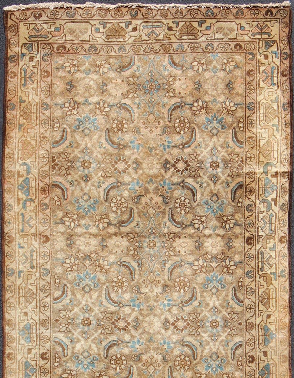 Measures: 3'7 x 9'9.
Midcentury Persian Hamedan runner with ornate all-over design in brown and tan. Keivan Woven Arts / rug H-1006-05, country of origin / type: Iran / Hamedan, circa 1950.

This vintage Persian Hamedan gallery rug (circa mid-20th