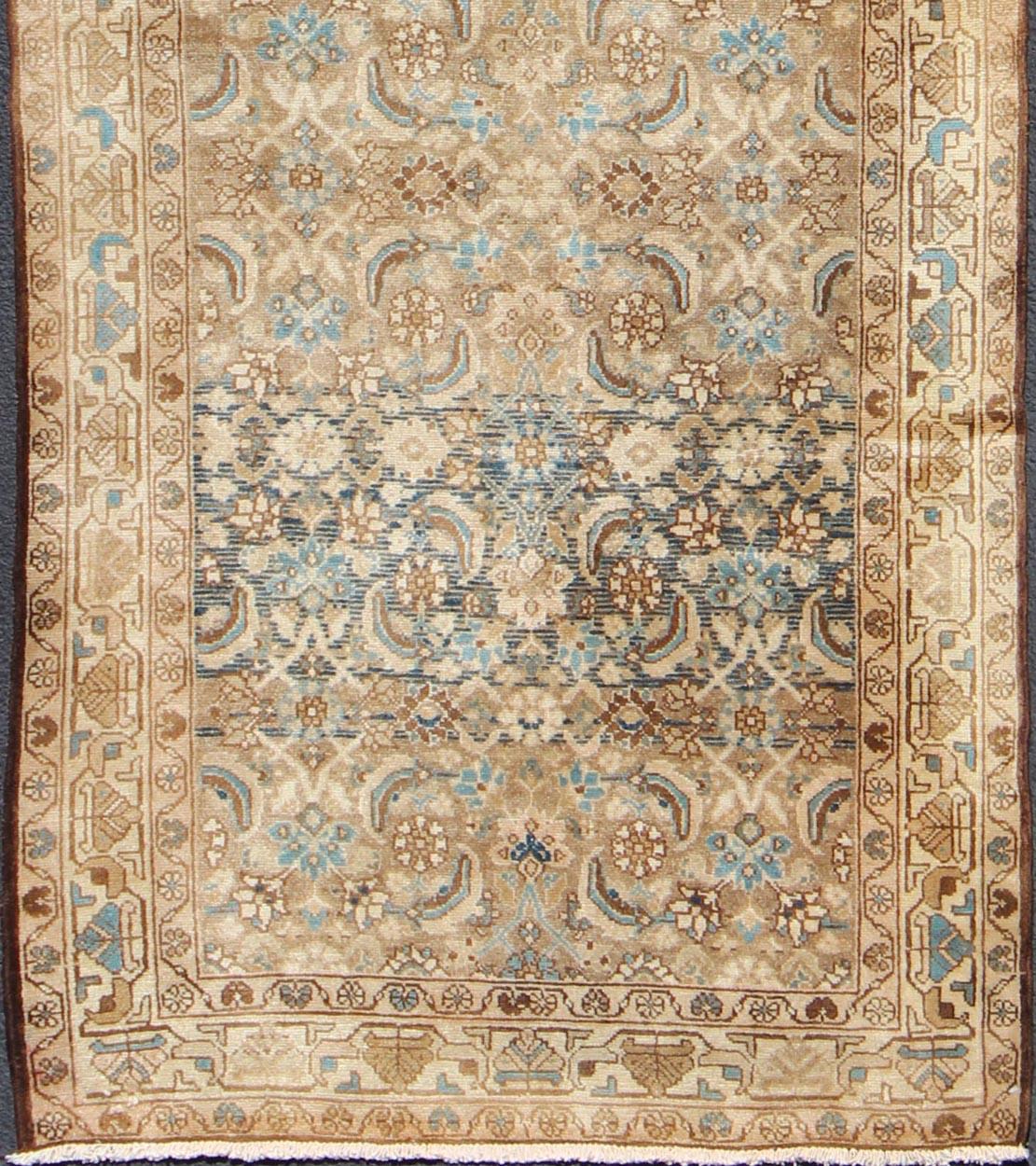Malayer Midcentury Persian Hamedan Runner with All-Over Herati Design in Brown & Blue For Sale