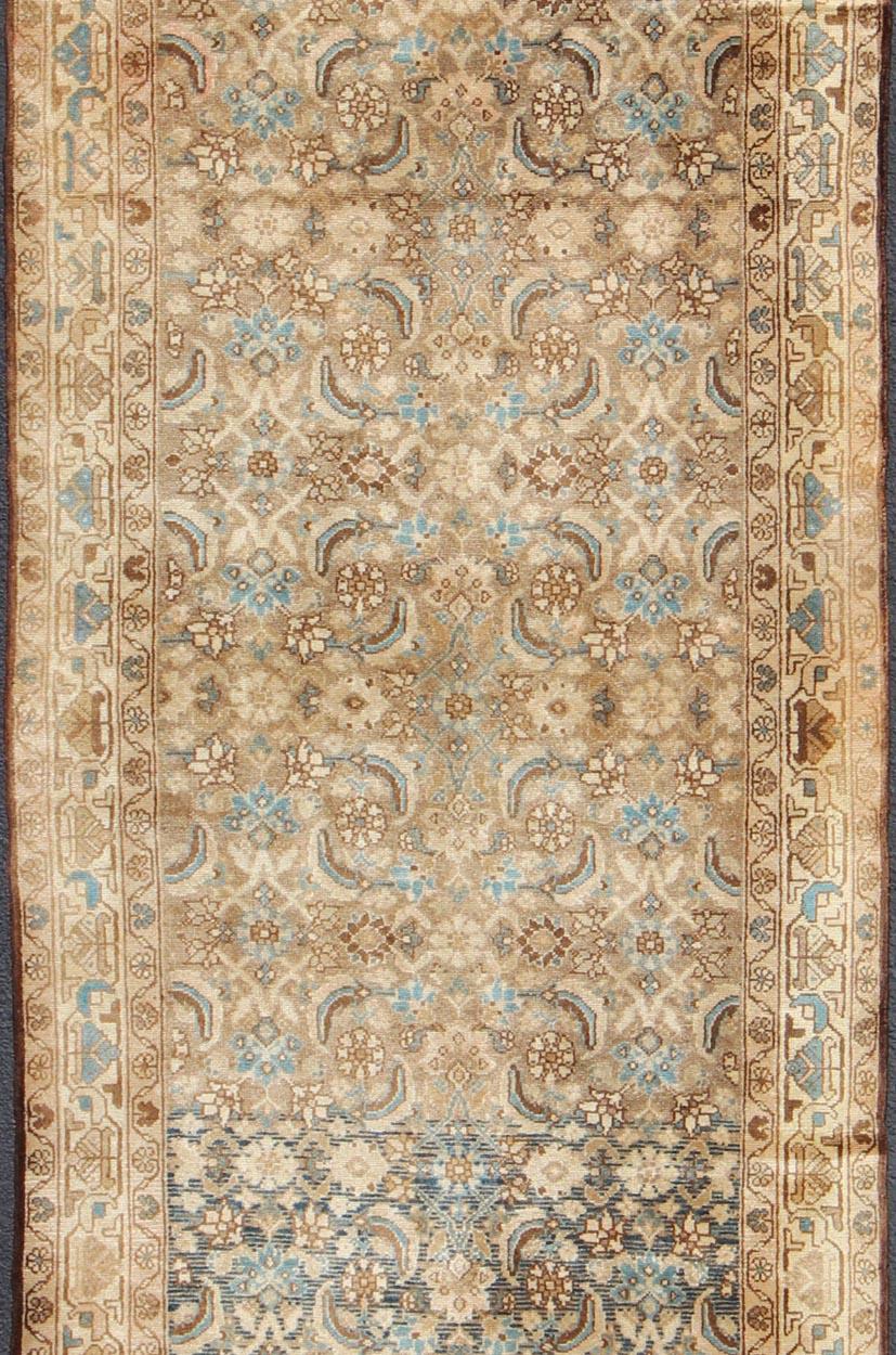 Hand-Knotted Midcentury Persian Hamedan Runner with All-Over Herati Design in Brown & Blue For Sale