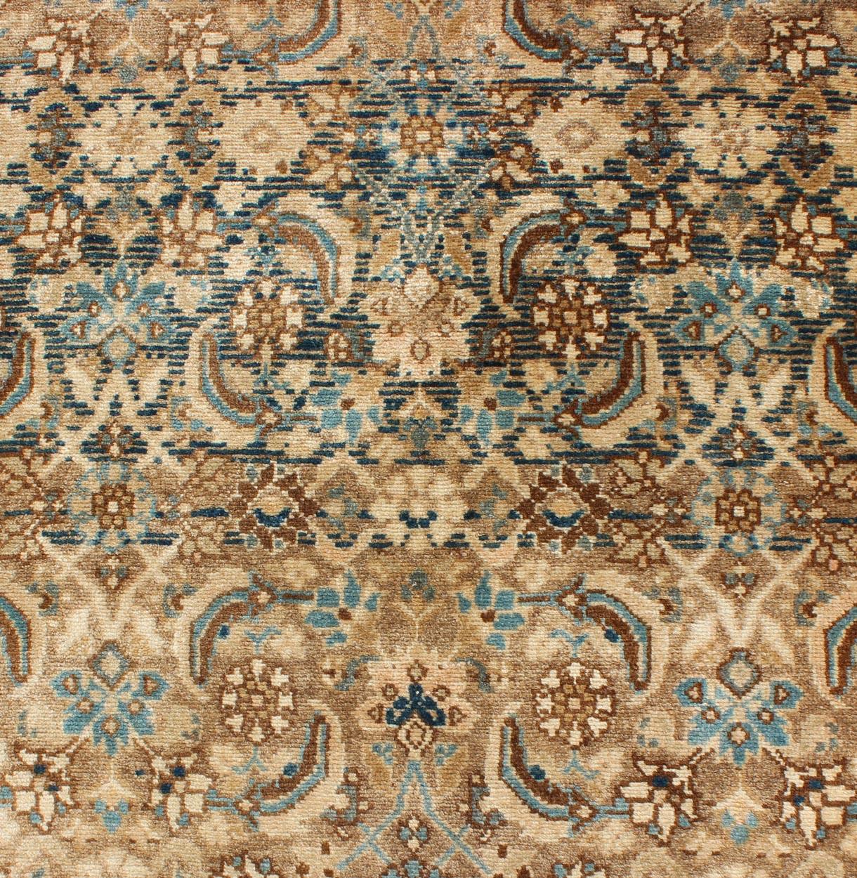 Wool Midcentury Persian Hamedan Runner with All-Over Herati Design in Brown & Blue For Sale