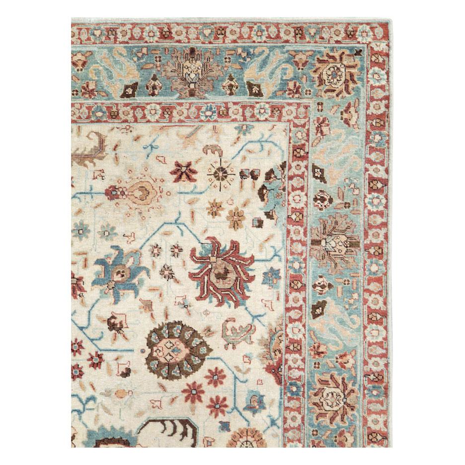 Rustic Midcentury Persian Handmade Accent Rug in Ivory, Blue Grey, and Crimson Red For Sale