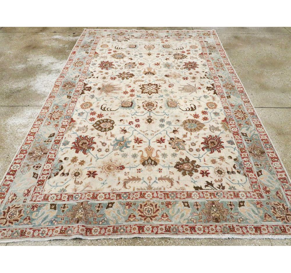 Hand-Knotted Midcentury Persian Handmade Accent Rug in Ivory, Blue Grey, and Crimson Red For Sale