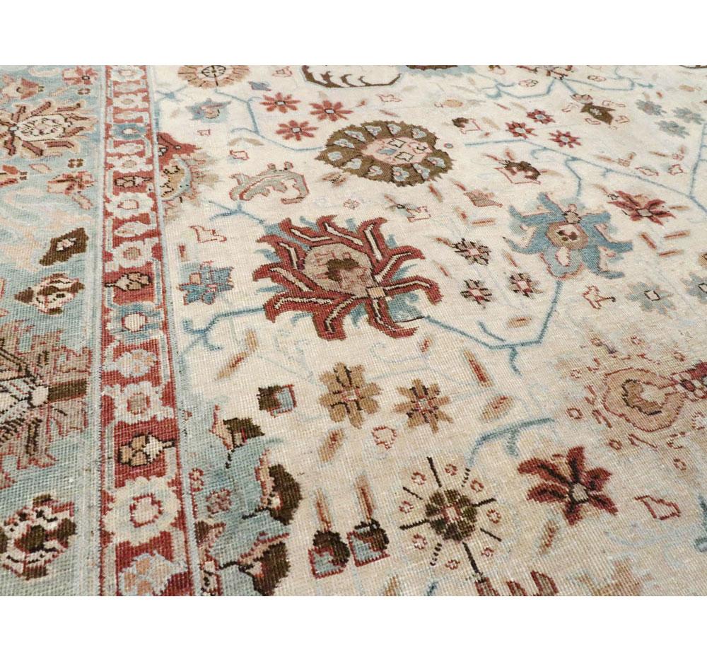 Midcentury Persian Handmade Accent Rug in Ivory, Blue Grey, and Crimson Red In Good Condition For Sale In New York, NY