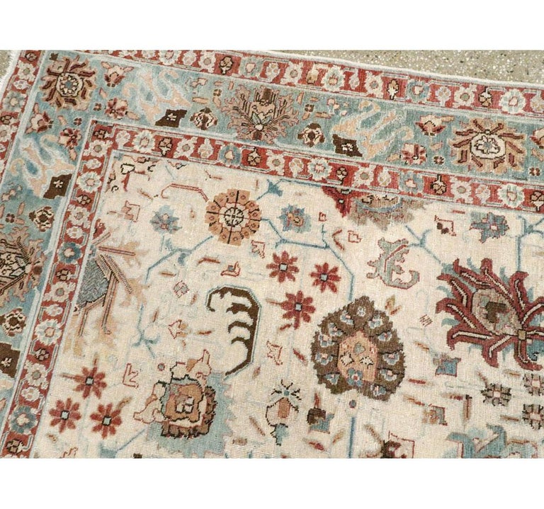 Midcentury Persian Handmade Accent Rug in Ivory, Blue Grey, and Crimson