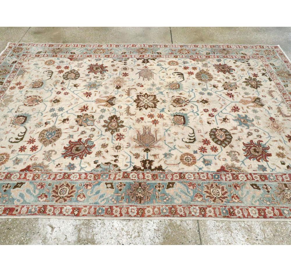 Wool Midcentury Persian Handmade Accent Rug in Ivory, Blue Grey, and Crimson Red For Sale