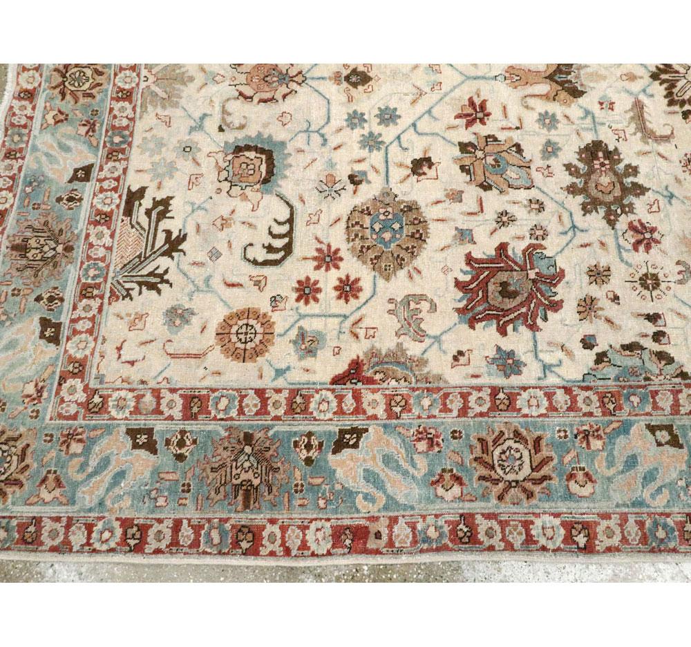 Midcentury Persian Handmade Accent Rug in Ivory, Blue Grey, and Crimson Red For Sale 1