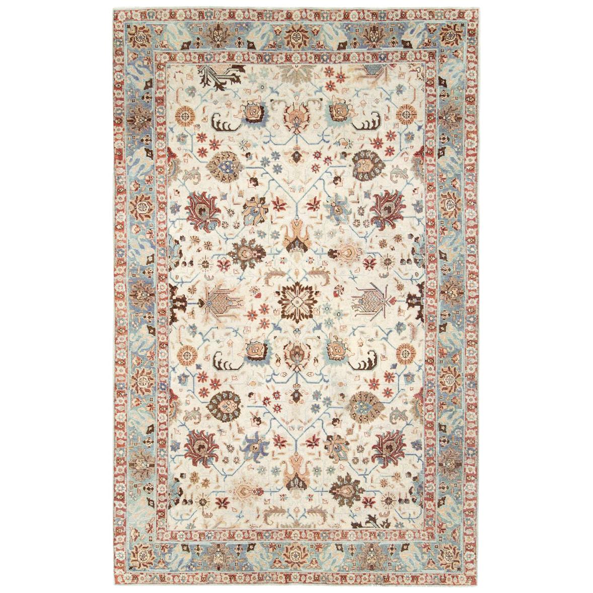 Midcentury Persian Handmade Accent Rug in Ivory, Blue Grey, and Crimson Red For Sale