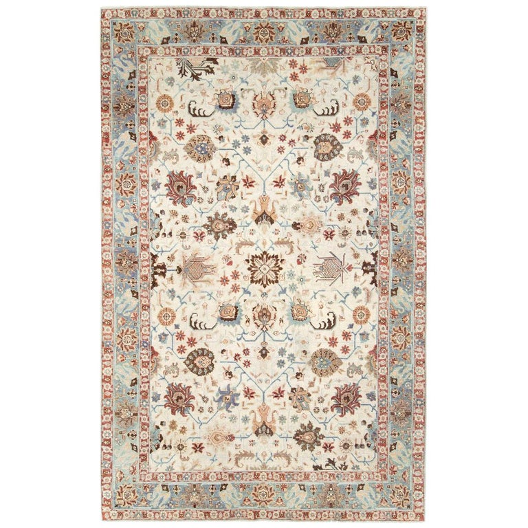 Midcentury Persian Handmade Accent Rug in Ivory, Blue Grey, and Crimson