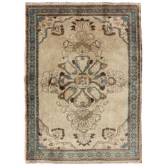 Midcentury Persian Tabriz Rug with Cross Medallion in Nude, Brown, Taupe, Teal