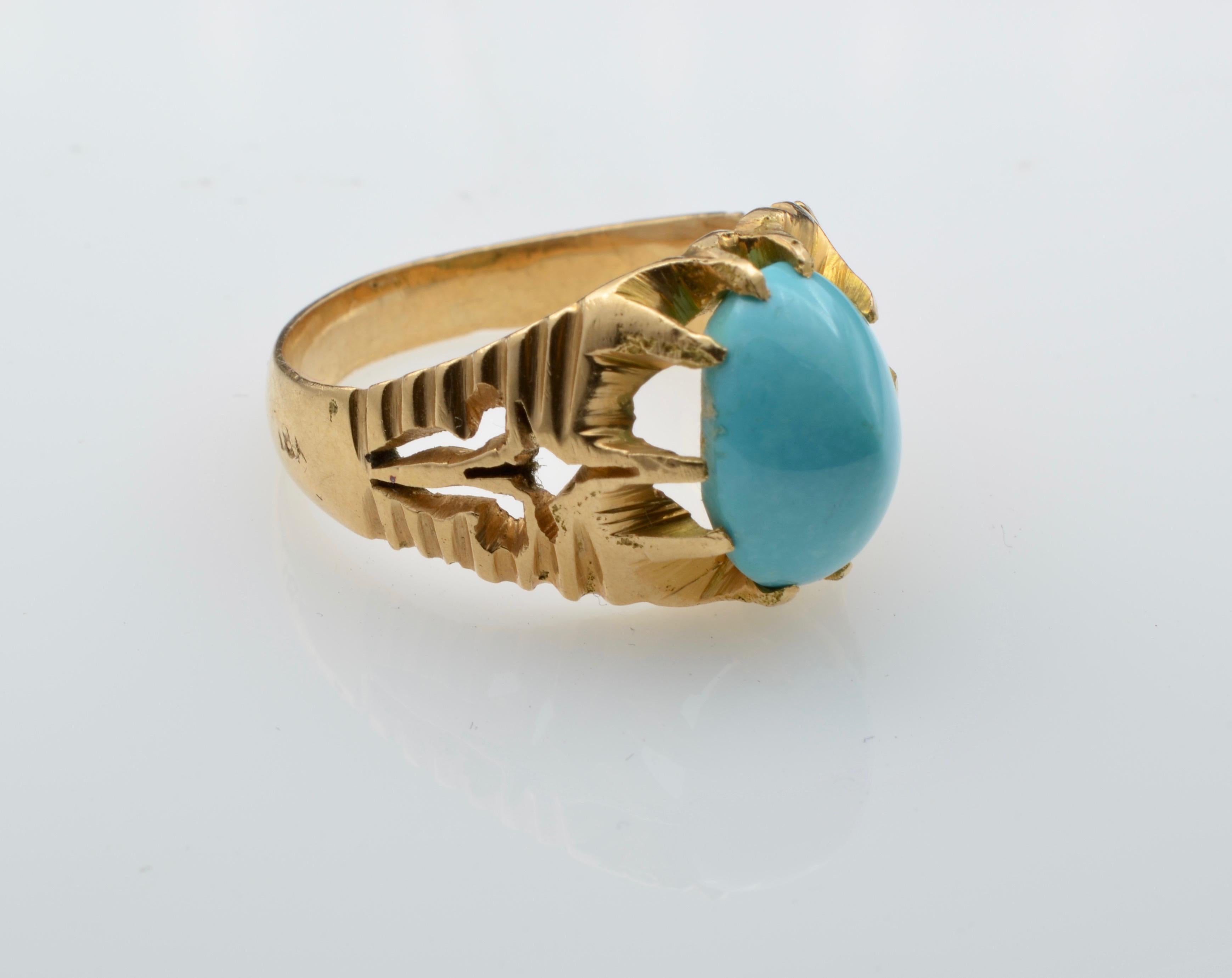 The turquoise is a warm and yummy sea foam blue from Persia and is set in a carved filigree prong setting. The turquoise sits high on the setting and is securely held in place by ten beautifully carved prongs. The ring is a size 8 and can be sized