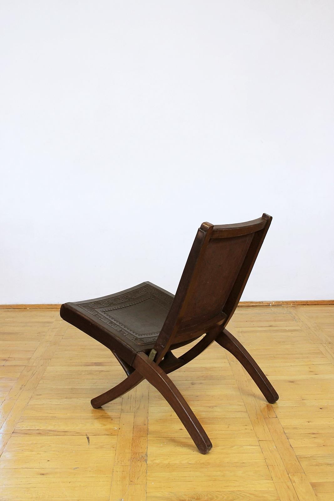 Cowhide Midcentury Peruvian Tooled Leather Folding Chair, 1970