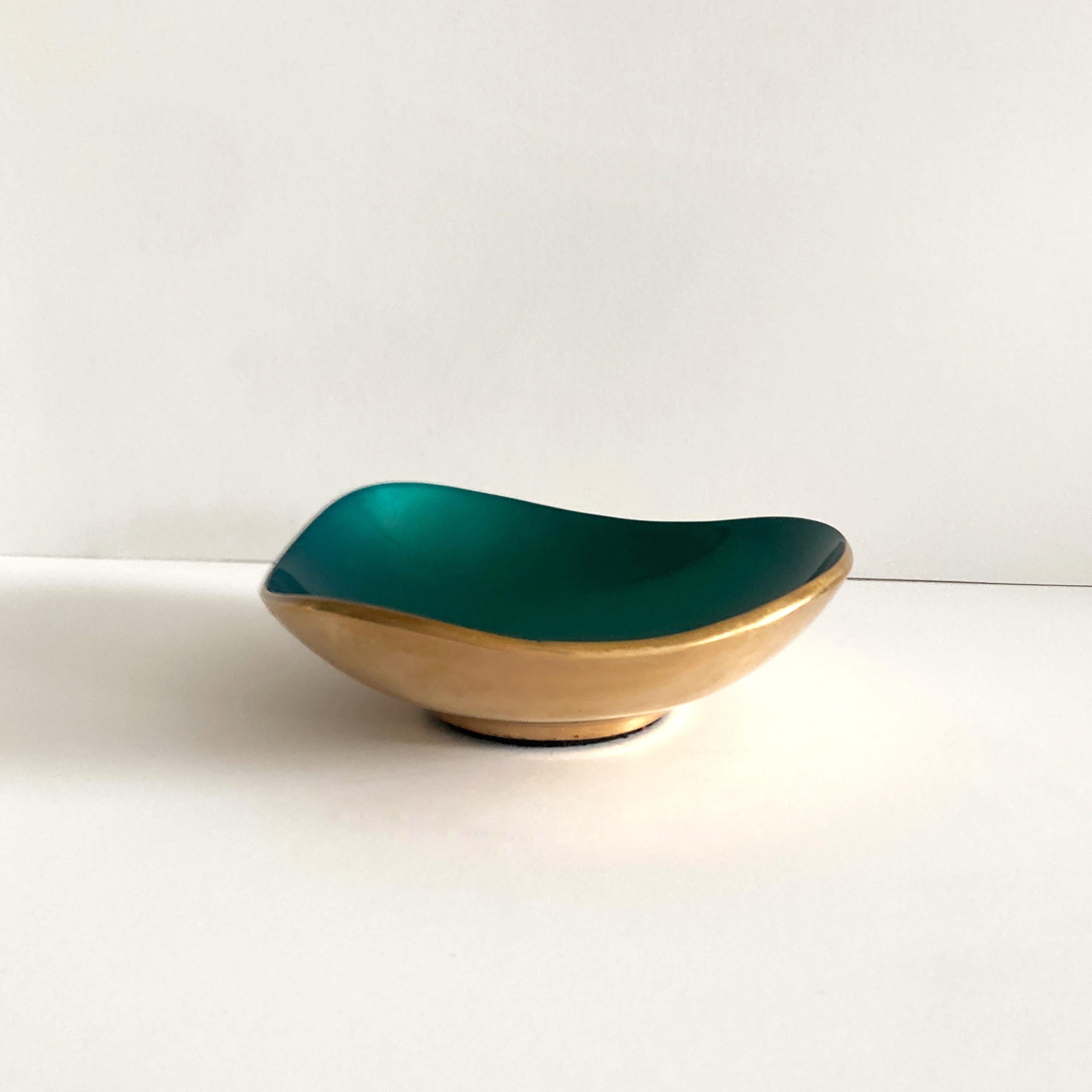 Mid-Century Modern Midcentury Petite Green Enameled Brass Bowl For Sale