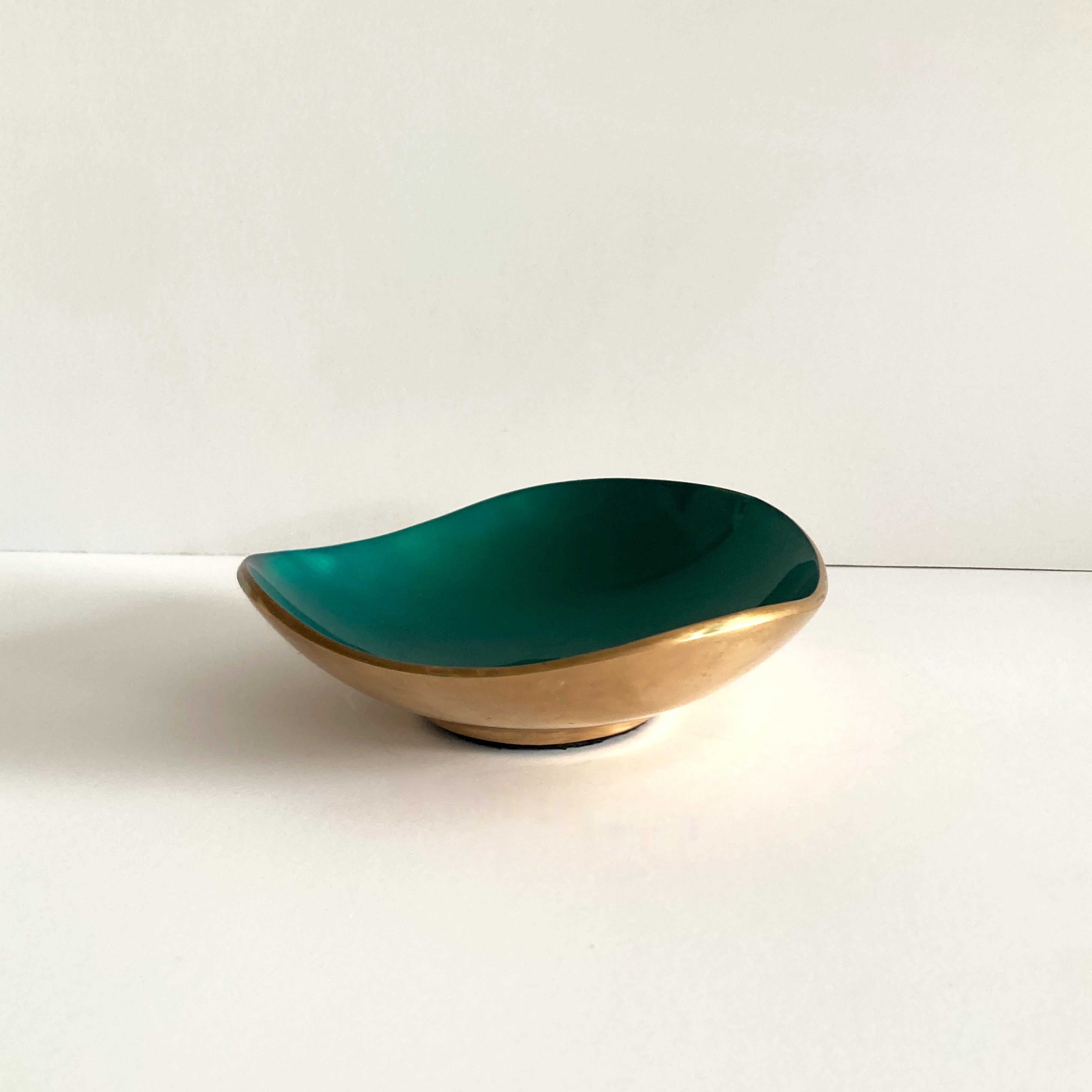 Unknown Midcentury Petite Green Enameled Brass Bowl For Sale