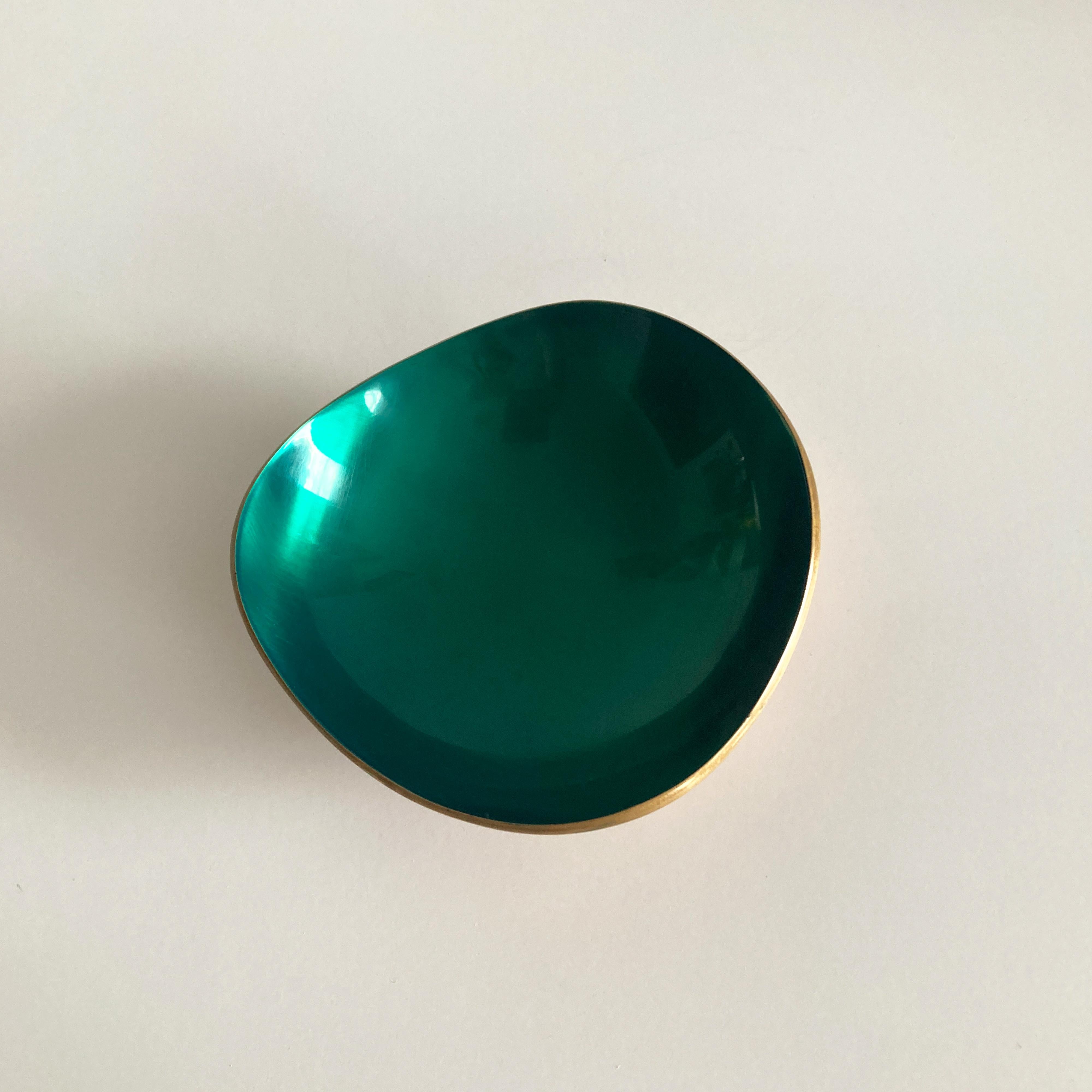 Mid-20th Century Midcentury Petite Green Enameled Brass Bowl For Sale