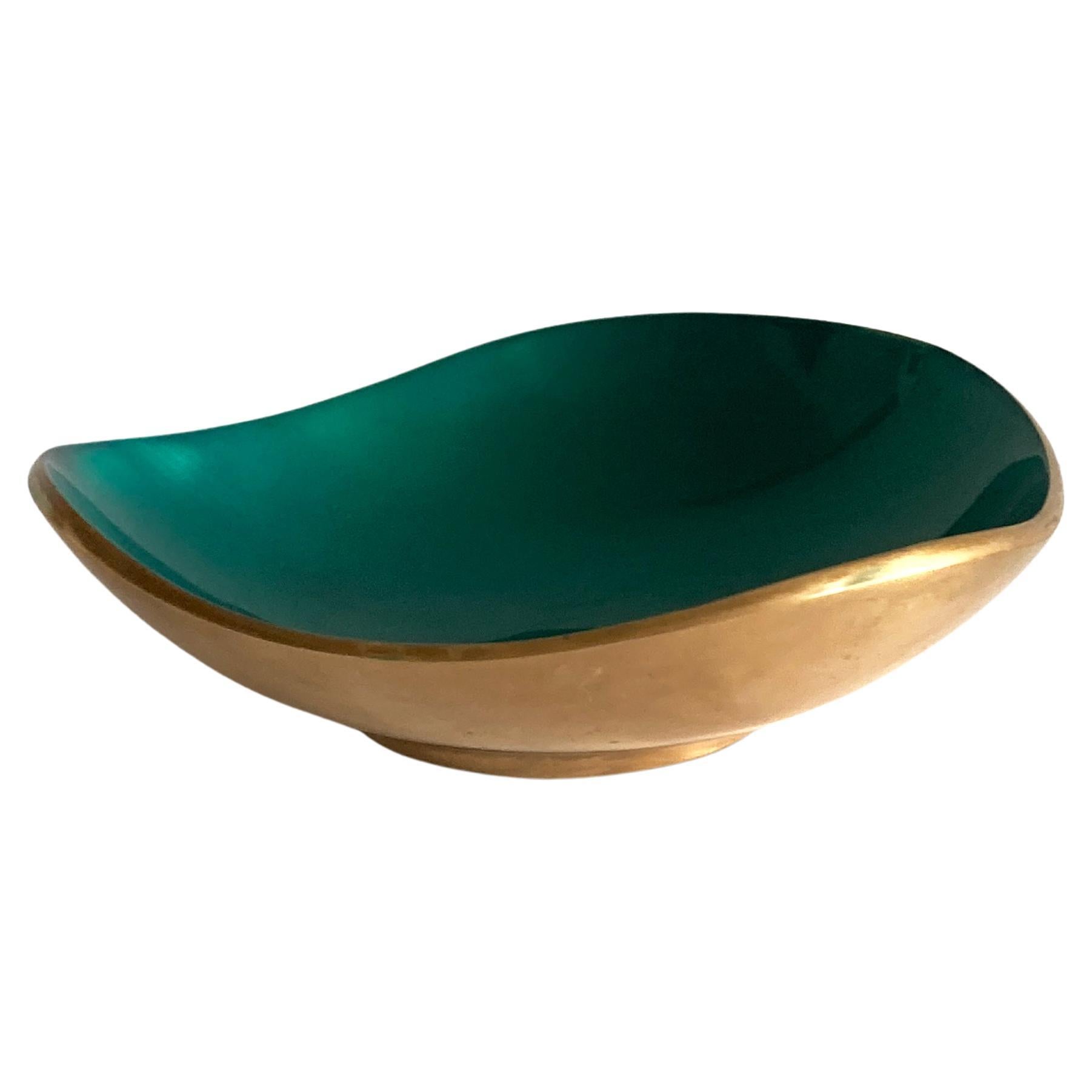 Midcentury Petite Green Enameled Brass Bowl