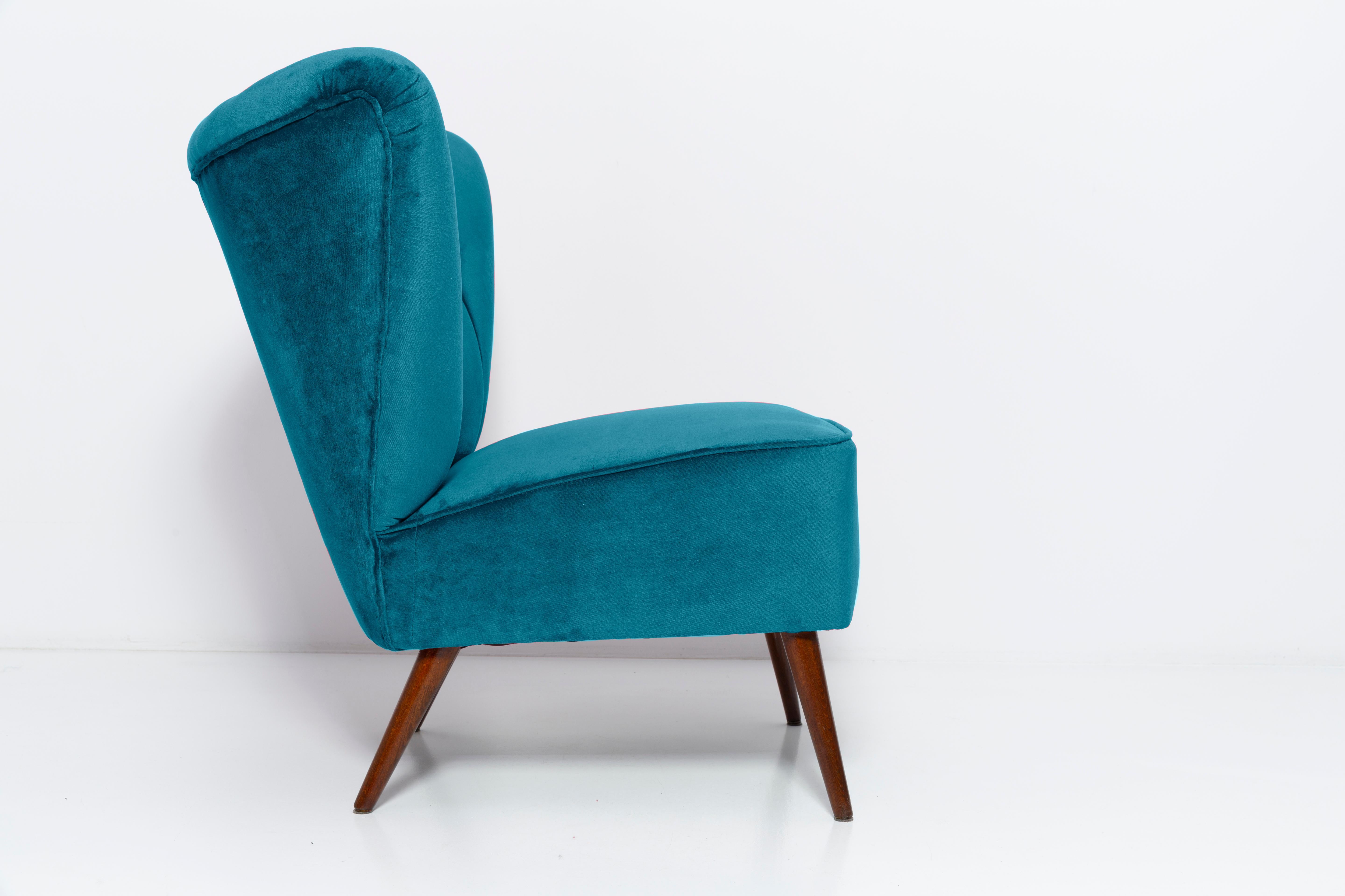 German Mid-Century Petrol Blue Velvet Club Armchair, Europe, 1960s For Sale