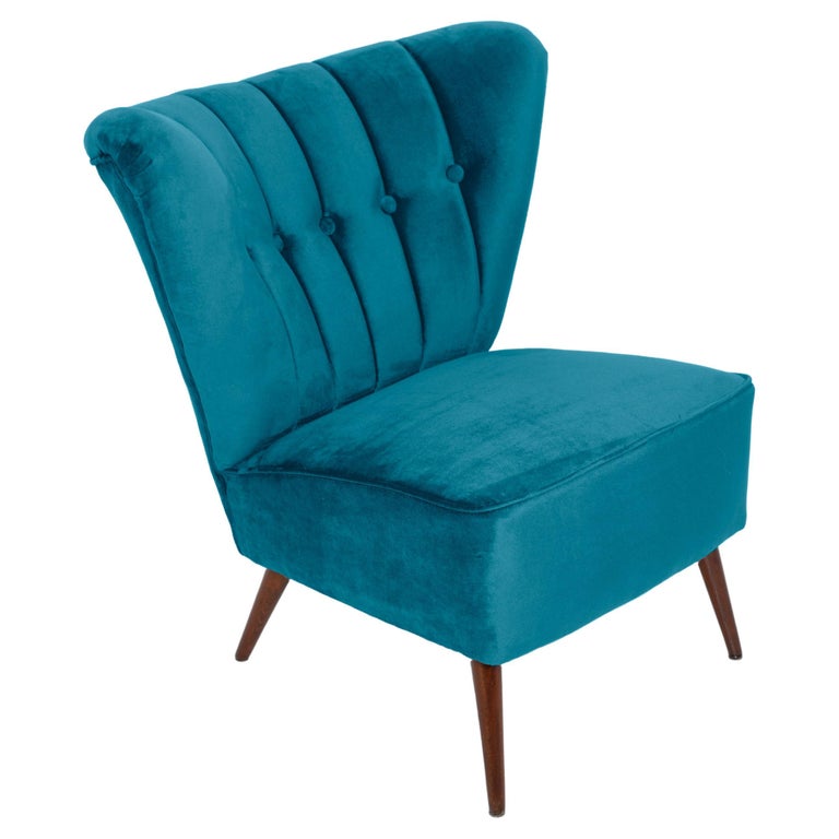 MidCentury Petrol Blue Velvet Club Armchair, Europe, 1960s For Sale at 1stDibs