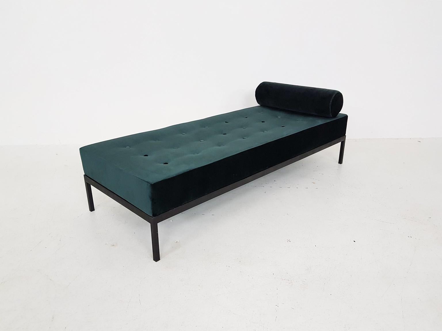 20th Century Midcentury Petrol Velvet and Metal Daybed, the Netherlands, 1960s For Sale