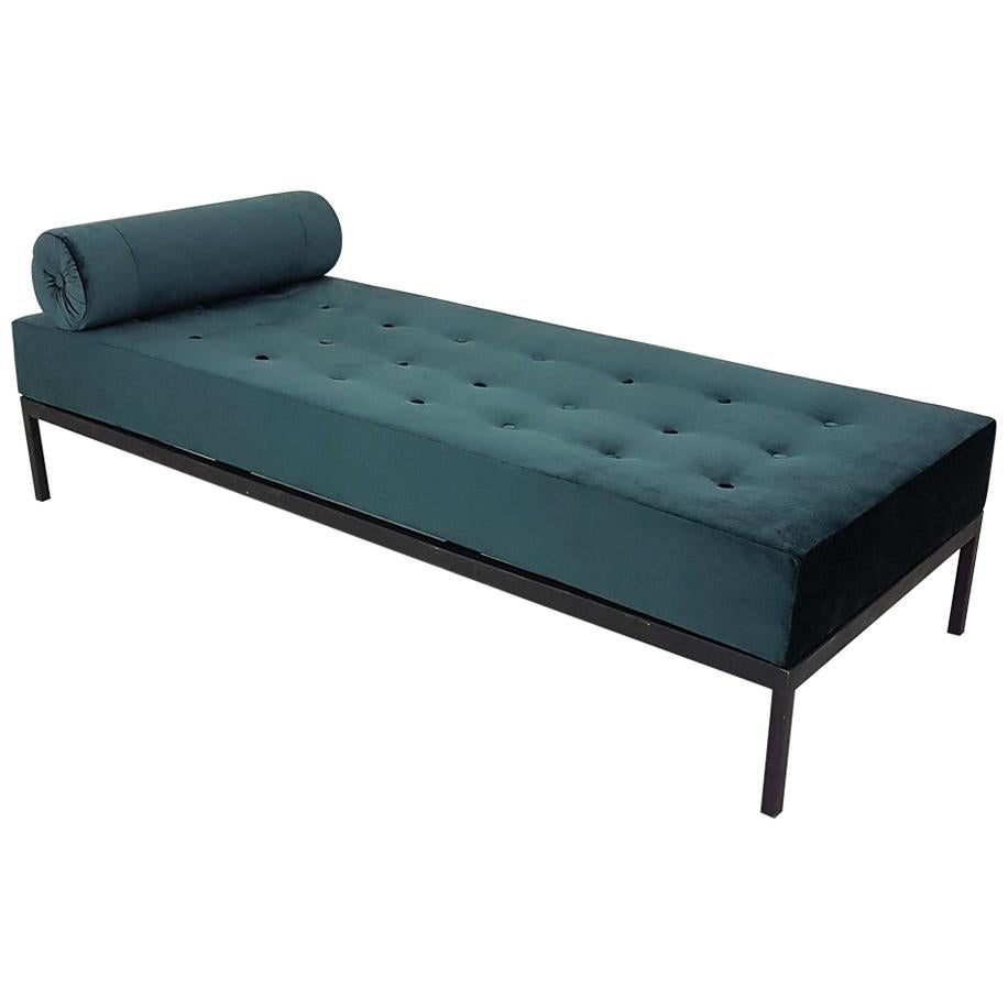 Midcentury Petrol Velvet and Metal Daybed, the Netherlands, 1960s For Sale
