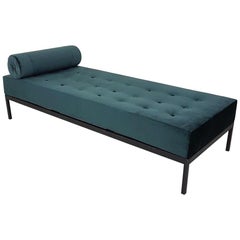 Midcentury Petrol Velvet and Metal Daybed, the Netherlands, 1960s