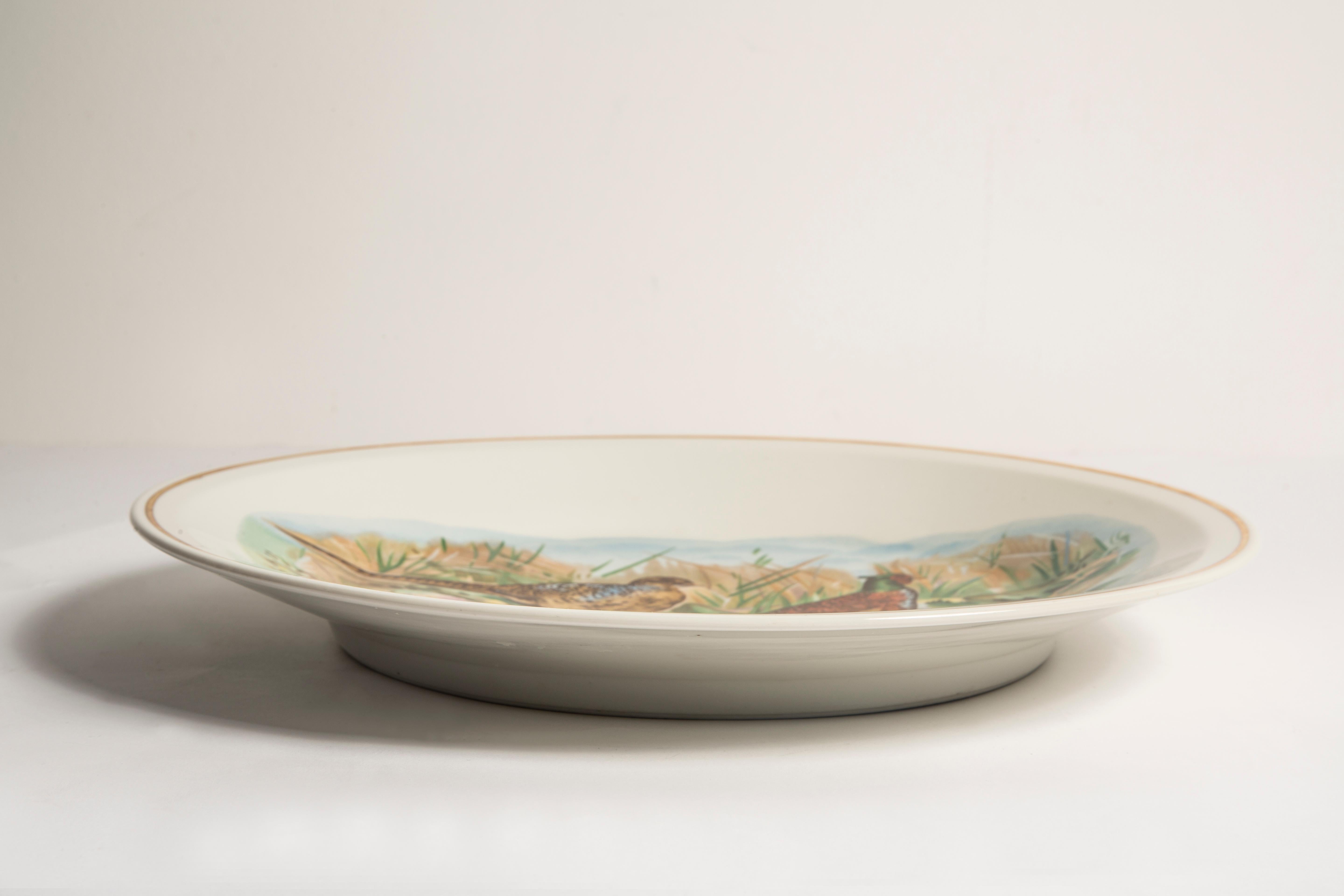 20th Century Midcentury Pheasant Birds Decorative Ceramic Porcelain White Plate Poland, 1960s For Sale
