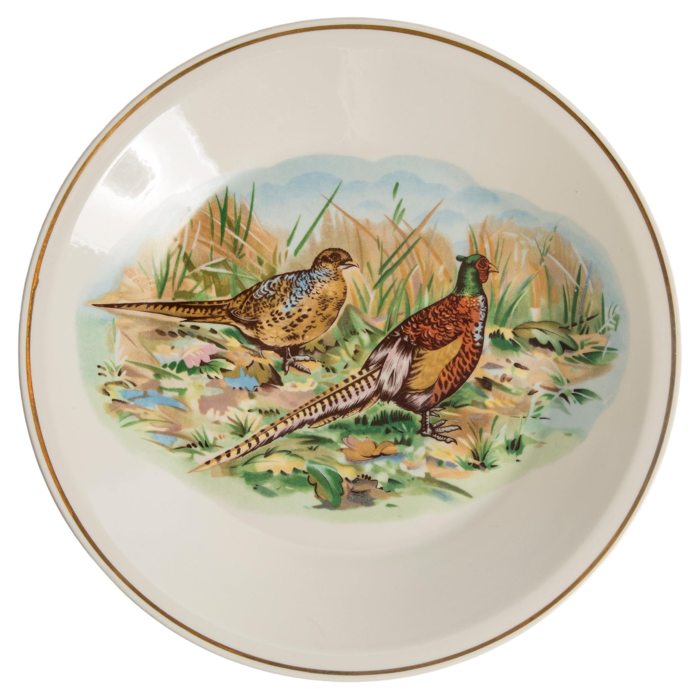 Midcentury Pheasant Birds Decorative Ceramic Porcelain White Plate Poland, 1960s For Sale