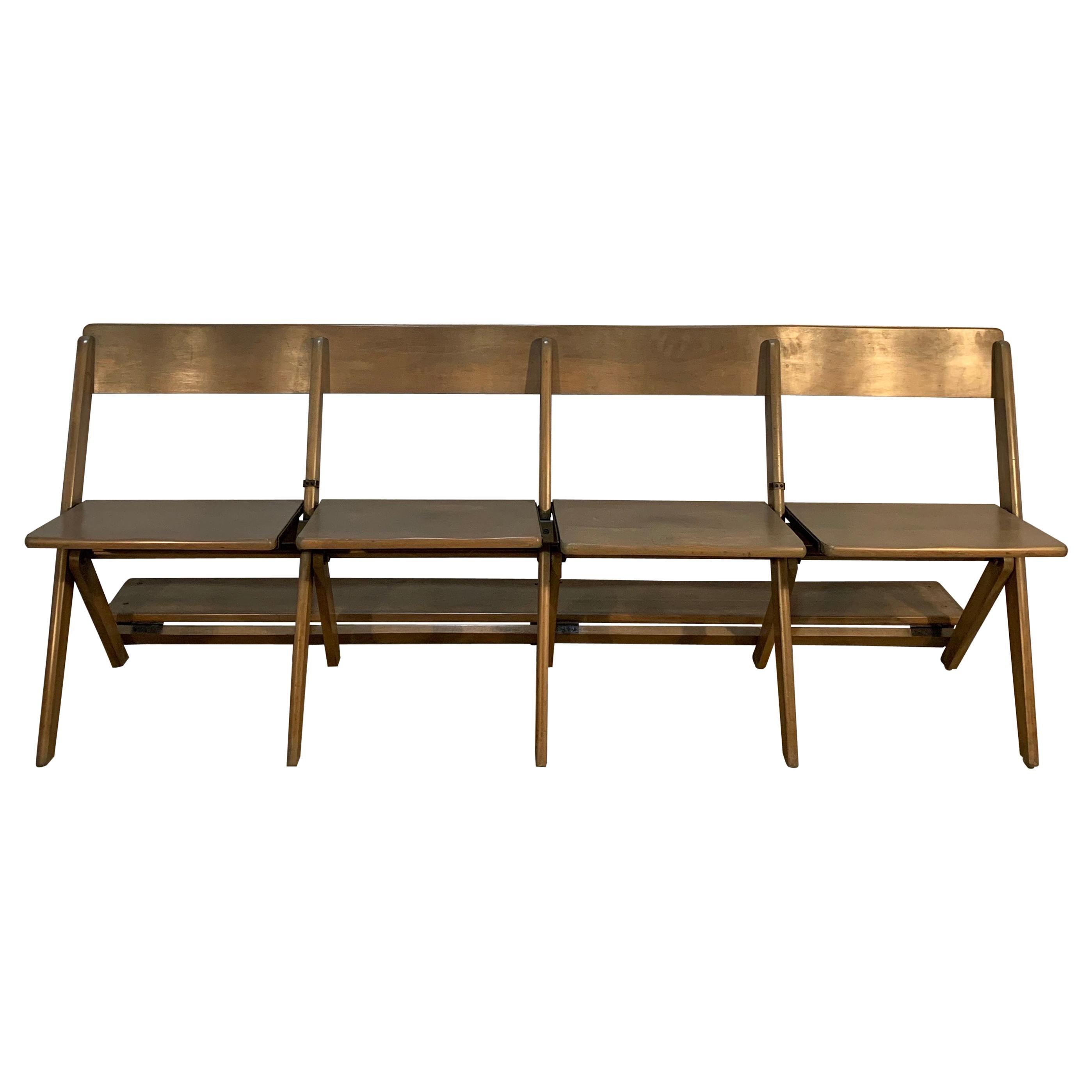 Midcentury Pickled Maple Folding Auditorium Theater Bench For Sale