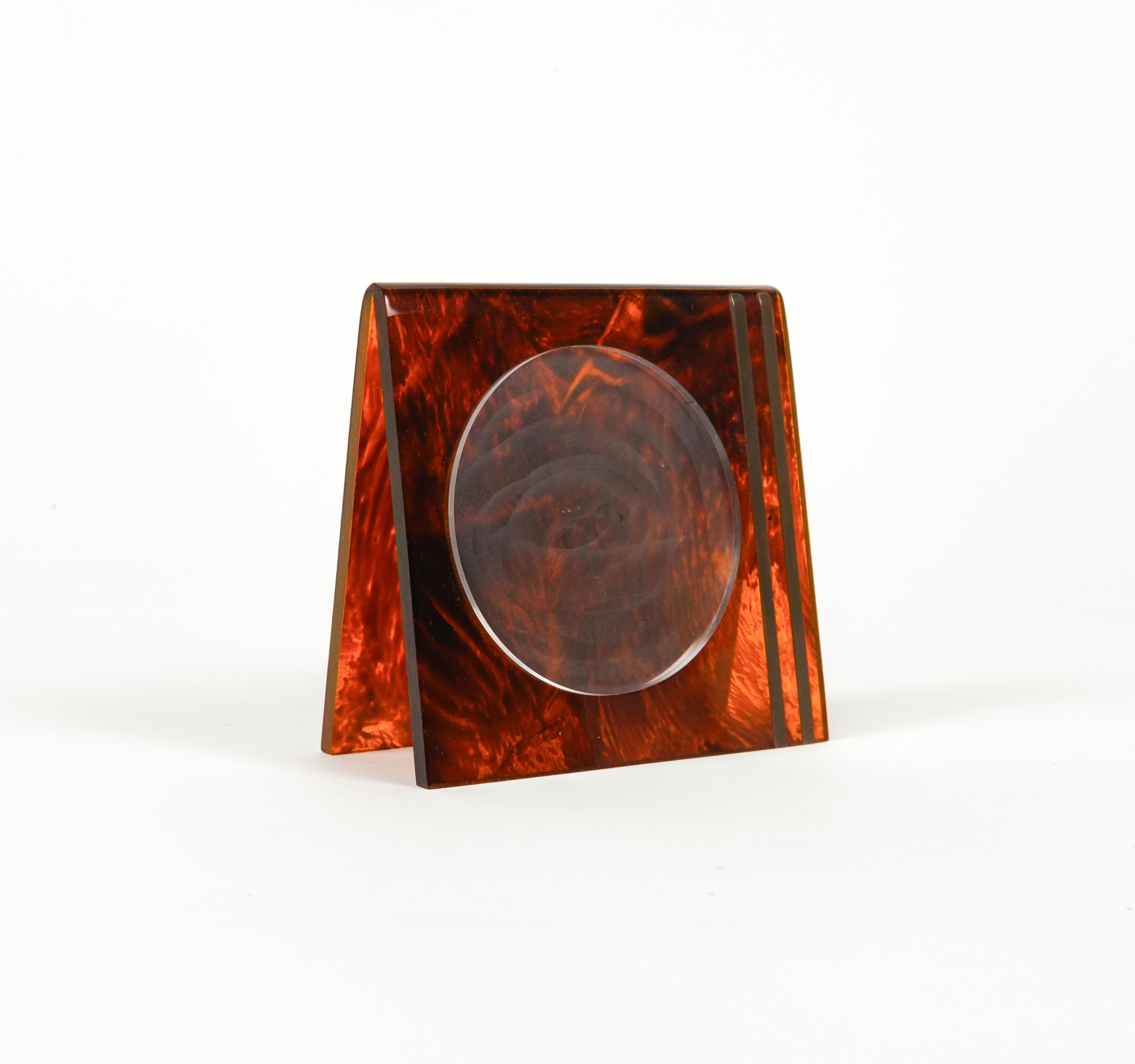 Midcentury Picture Frame Faux Tortoiseshell Lucite by Team Guzzini, Italy 1970s In Good Condition For Sale In Rome, IT