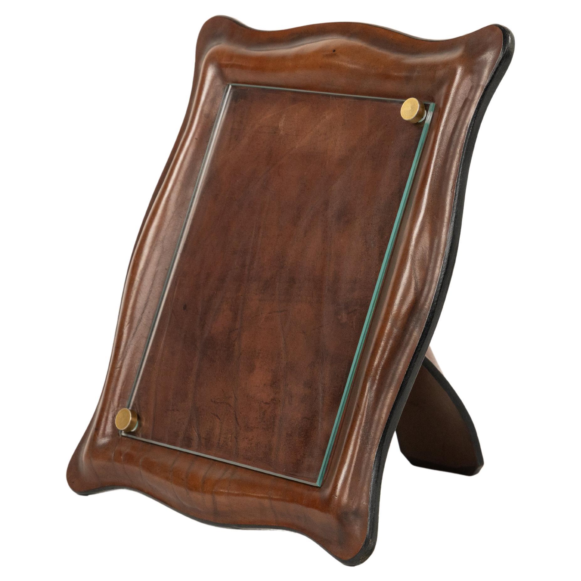 Midcentury Bilderrahmen aus gebogenem Leder und Glas, Italien 1970er