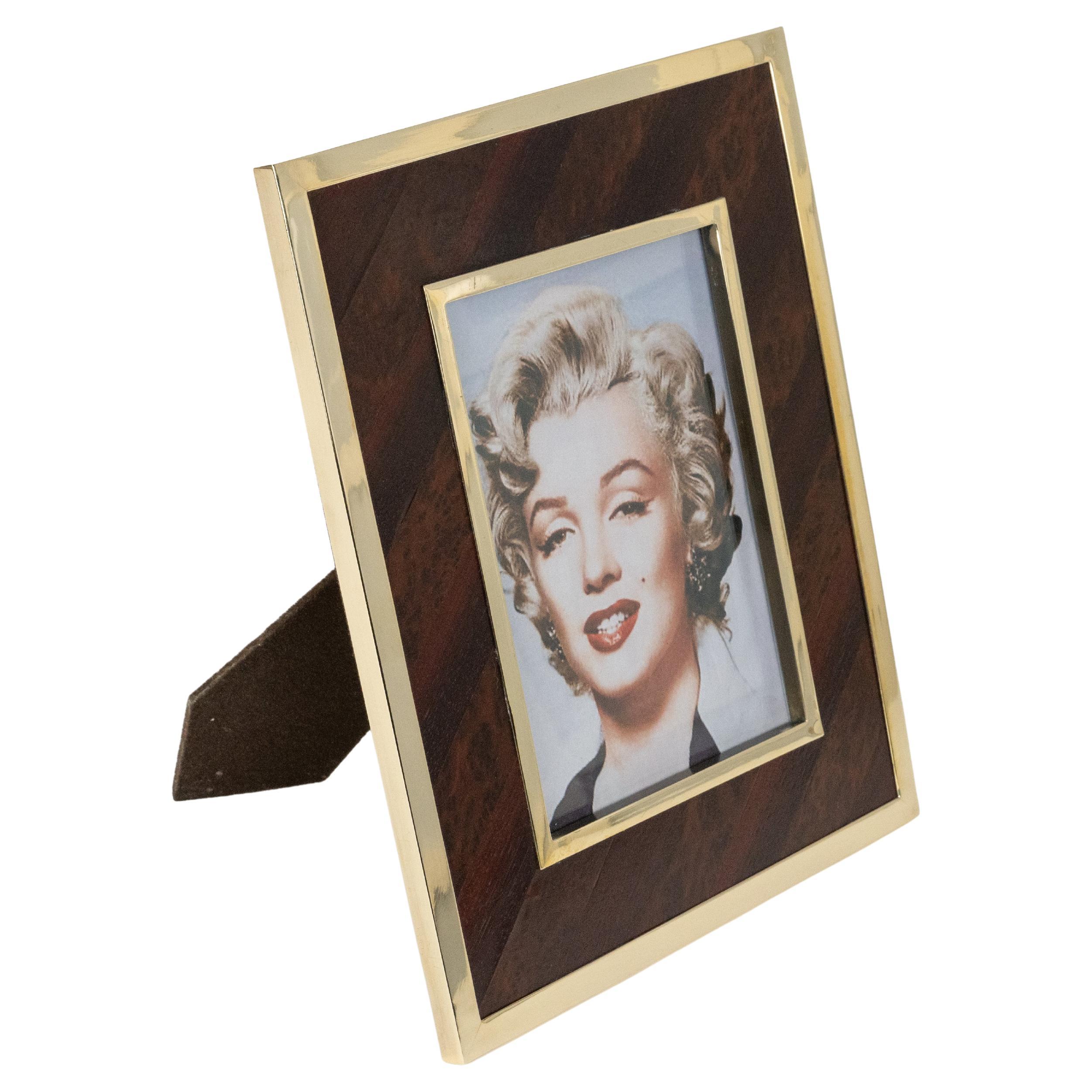 Midcentury Picture Frame in Wood, Brass & Glass Tommaso Barbi Style, Italy 1970s
