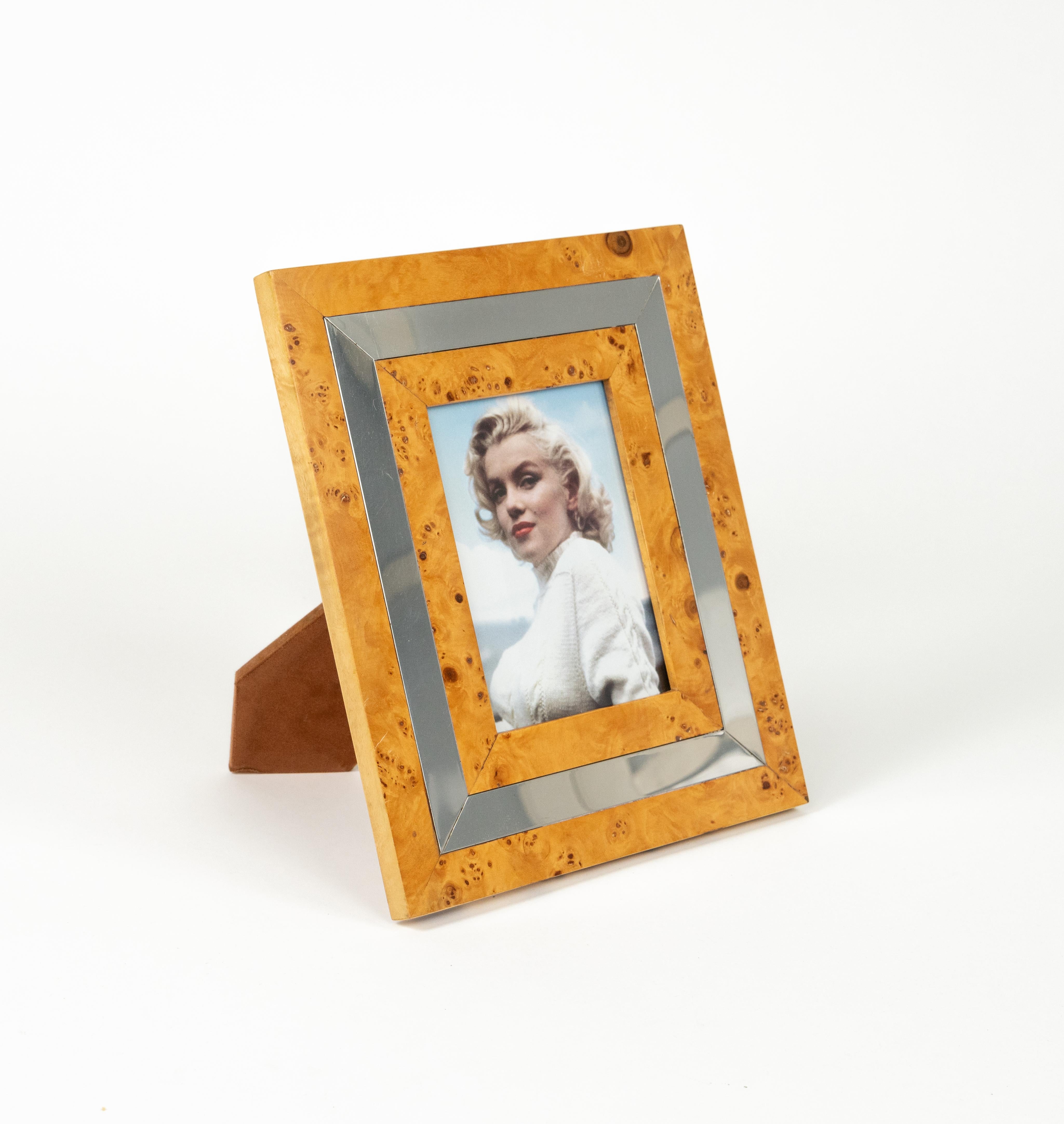 Marco de fotos de mediados de siglo en madera, cromo y cristal Estilo Willy Rizzo, Italia Años 60 Italiano en venta
