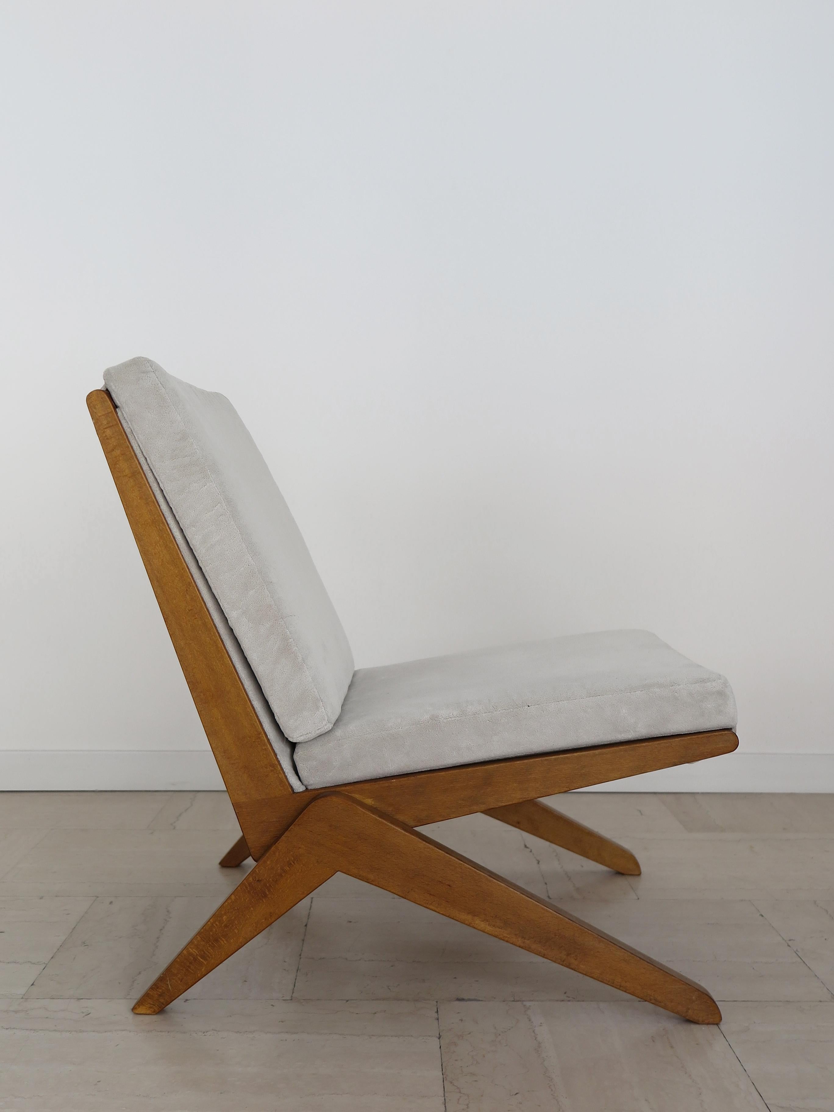 Midcentury Pierre Jeanneret Style French Wood Velvet Armchairs 1950s 7