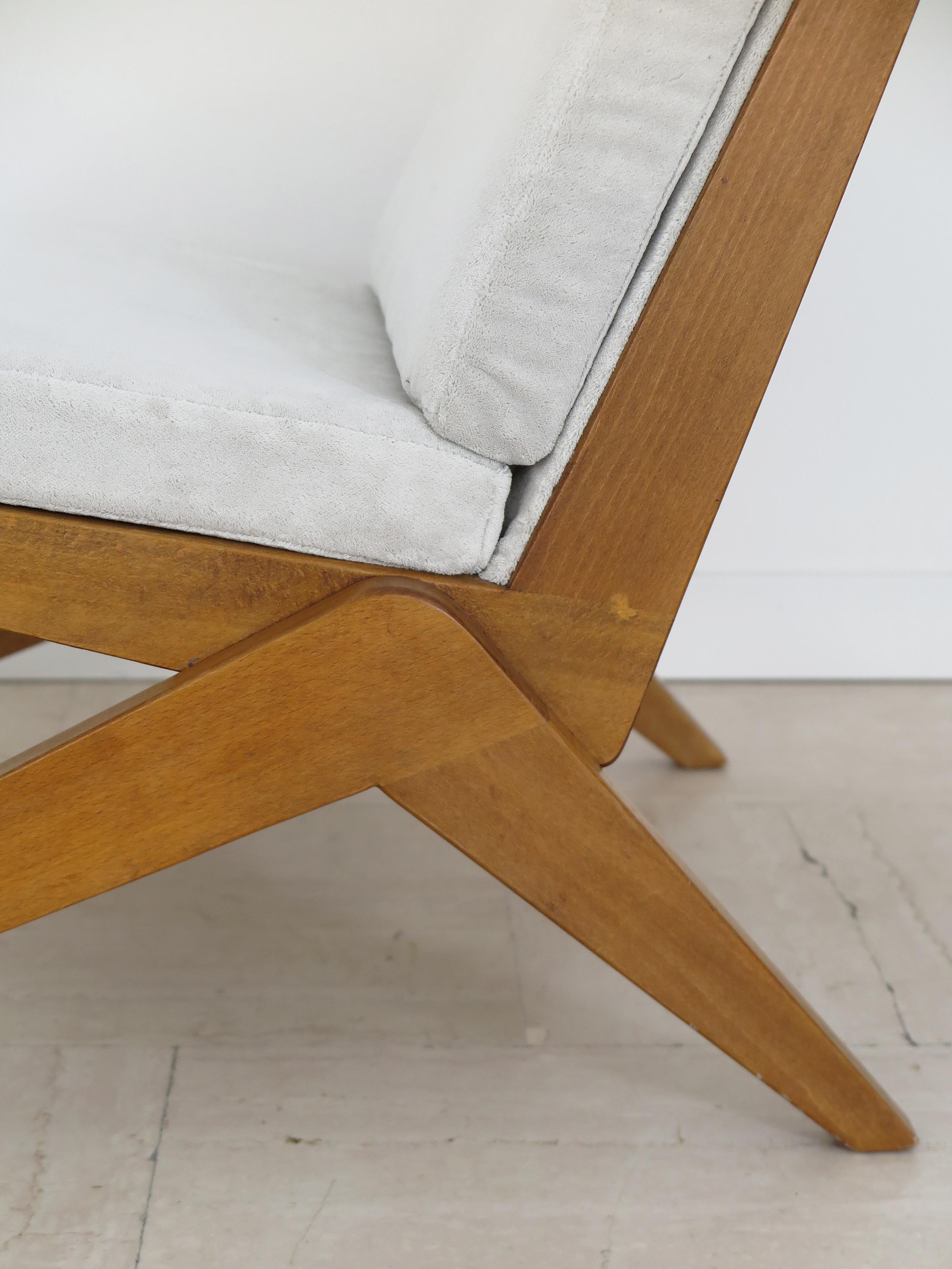 Midcentury Pierre Jeanneret Style French Wood Velvet Armchairs 1950s 9