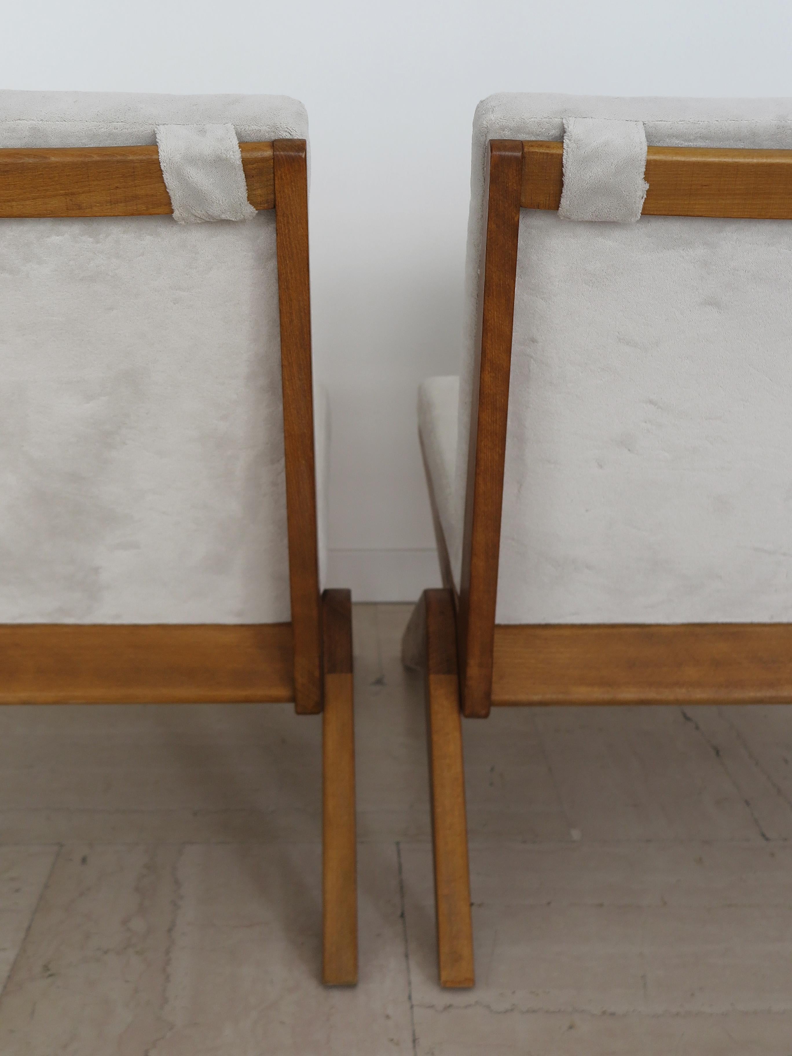 Midcentury Pierre Jeanneret Style French Wood Velvet Armchairs 1950s 14