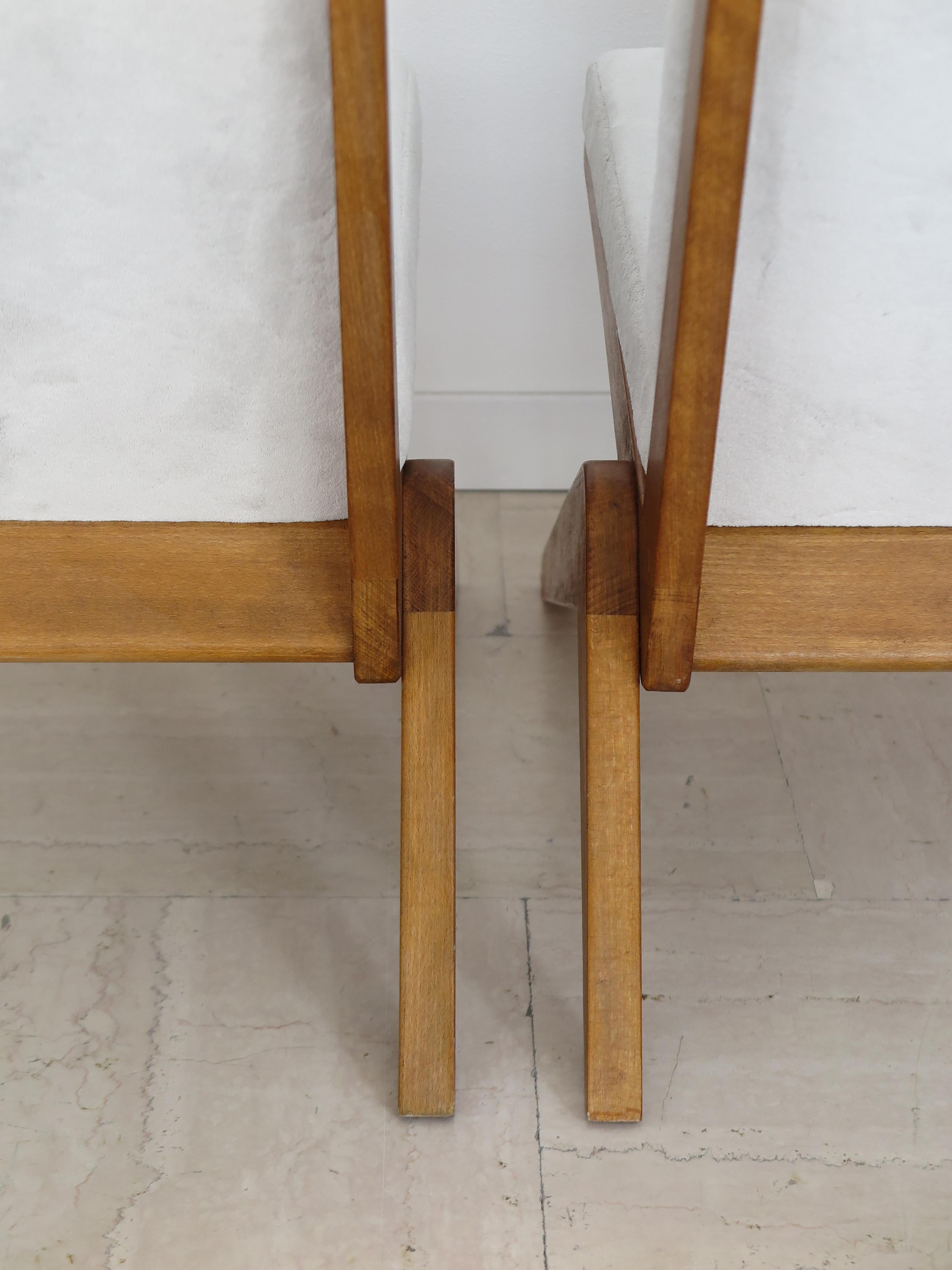 Midcentury Pierre Jeanneret Style French Wood Velvet Armchairs 1950s 15