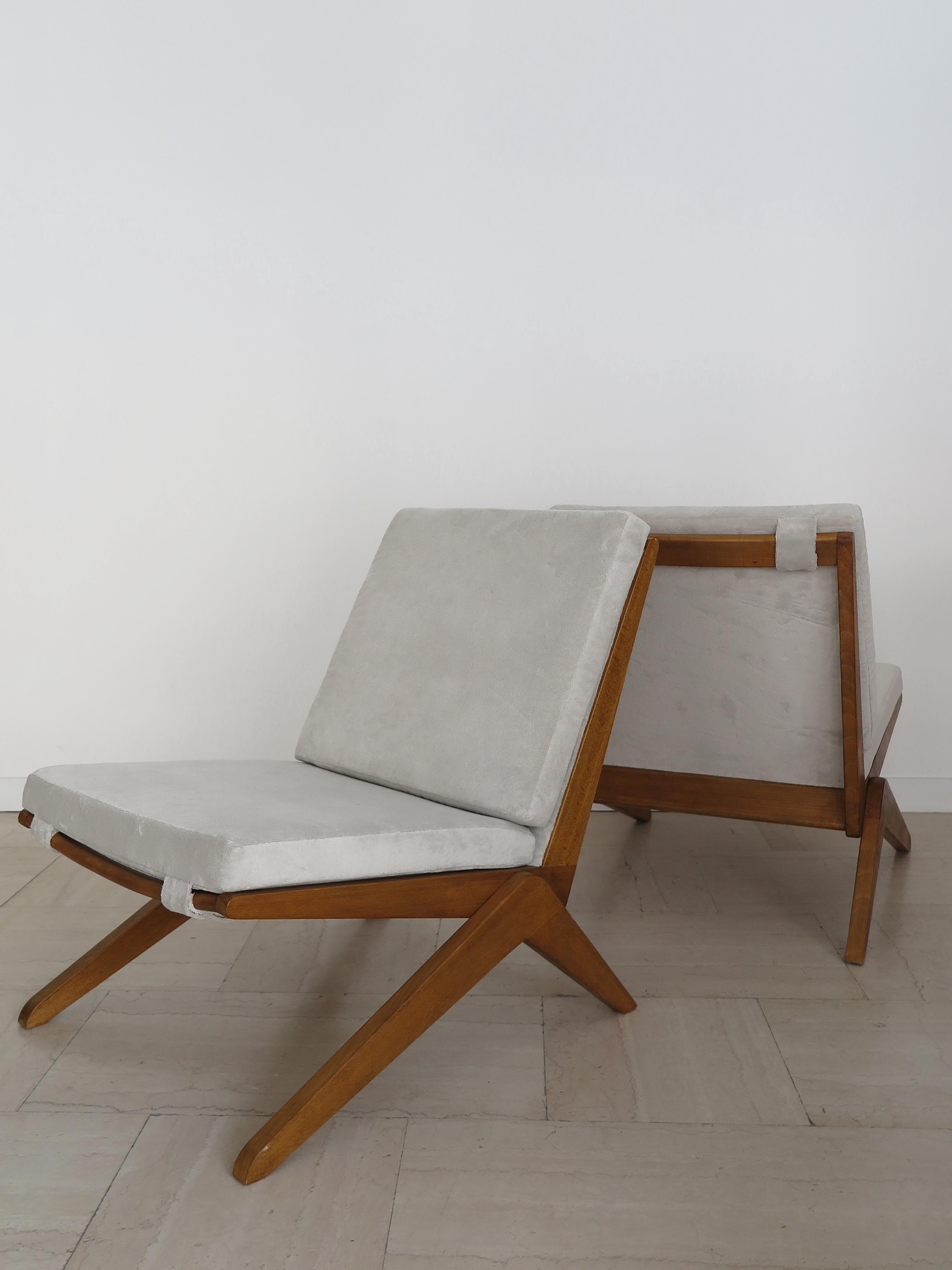 Mid-Century Modern Midcentury Pierre Jeanneret Style French Wood Velvet Armchairs 1950s