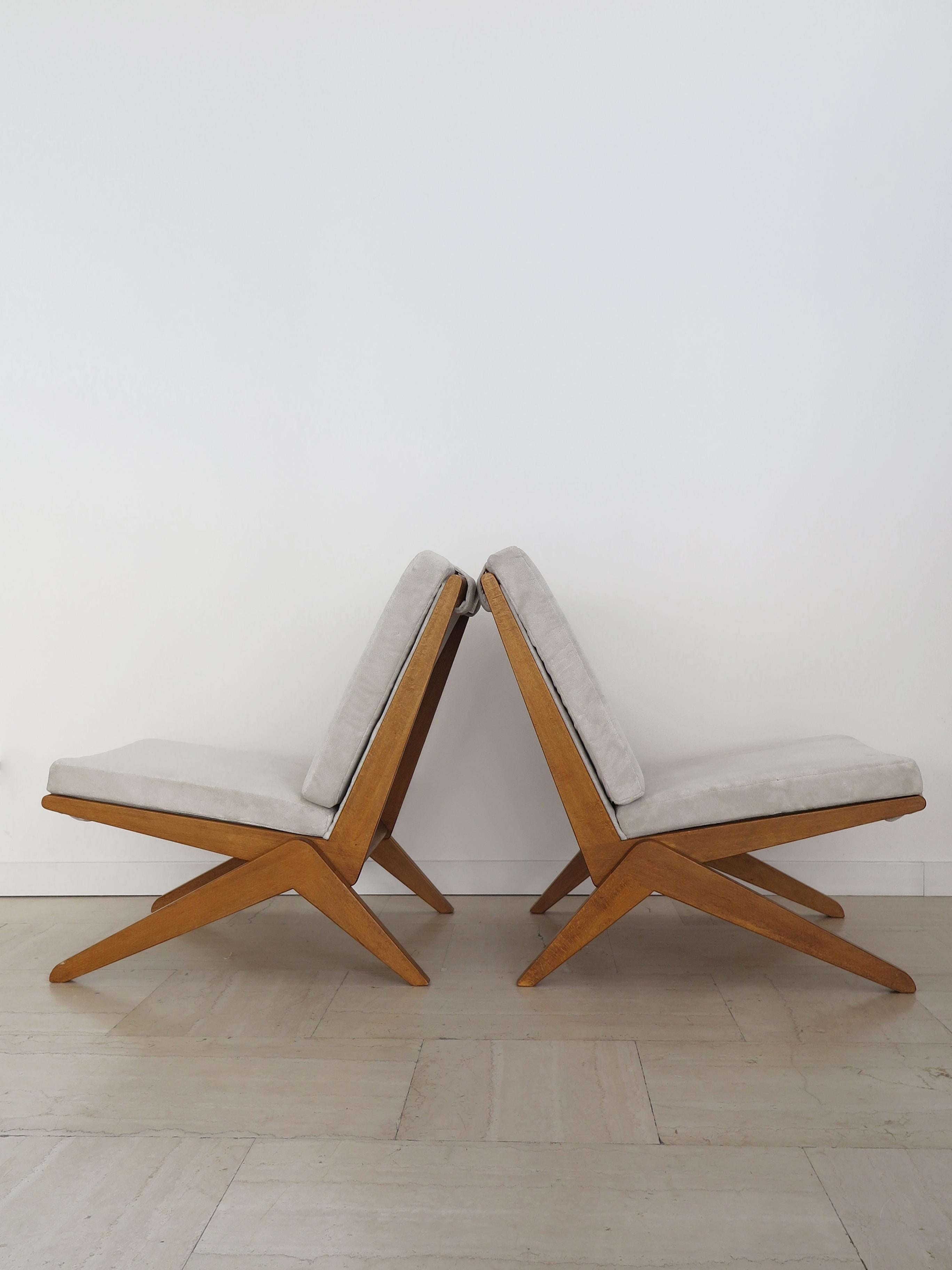 Mid-20th Century Midcentury Pierre Jeanneret Style French Wood Velvet Armchairs 1950s