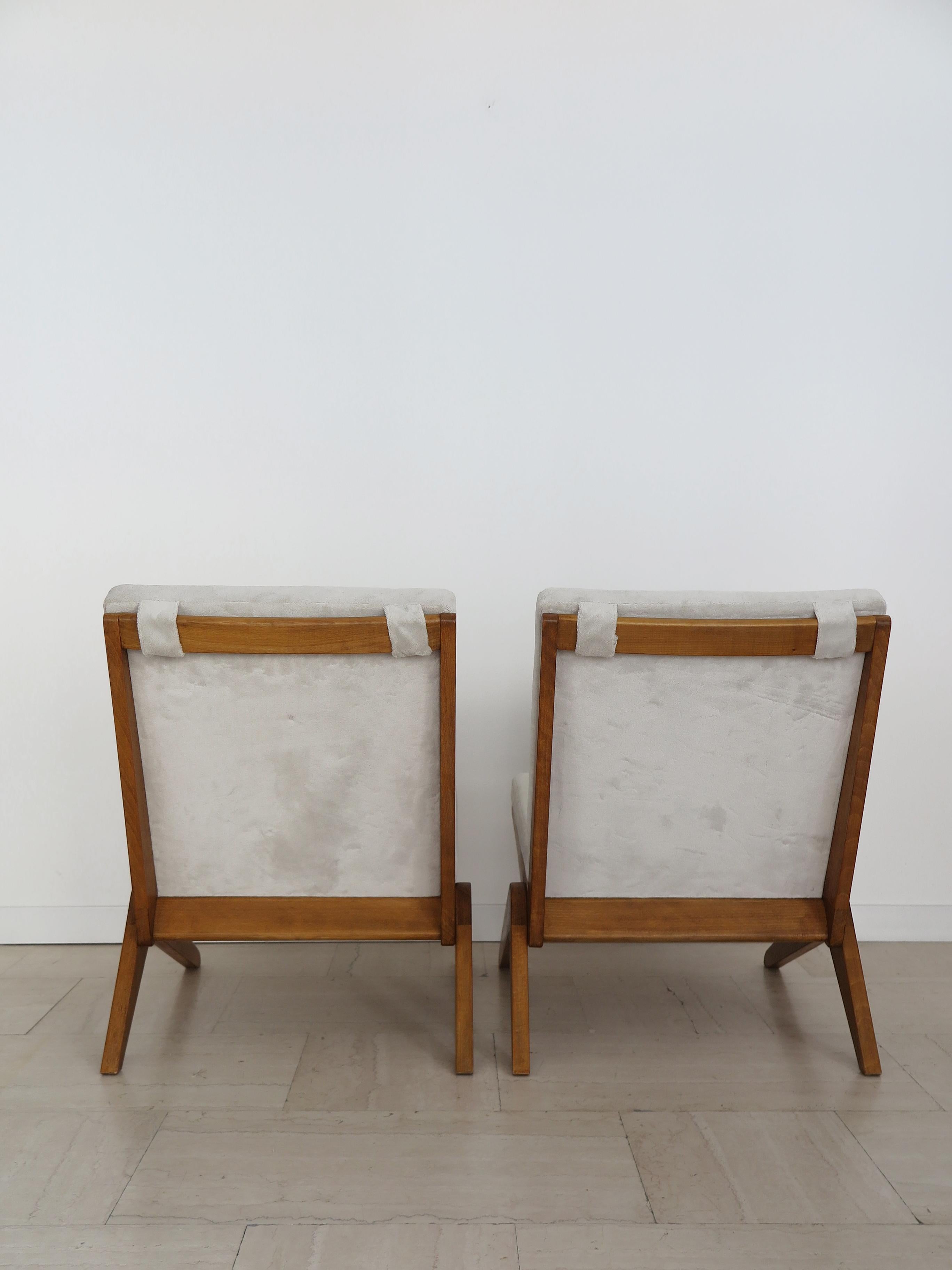 Midcentury Pierre Jeanneret Style French Wood Velvet Armchairs 1950s 1