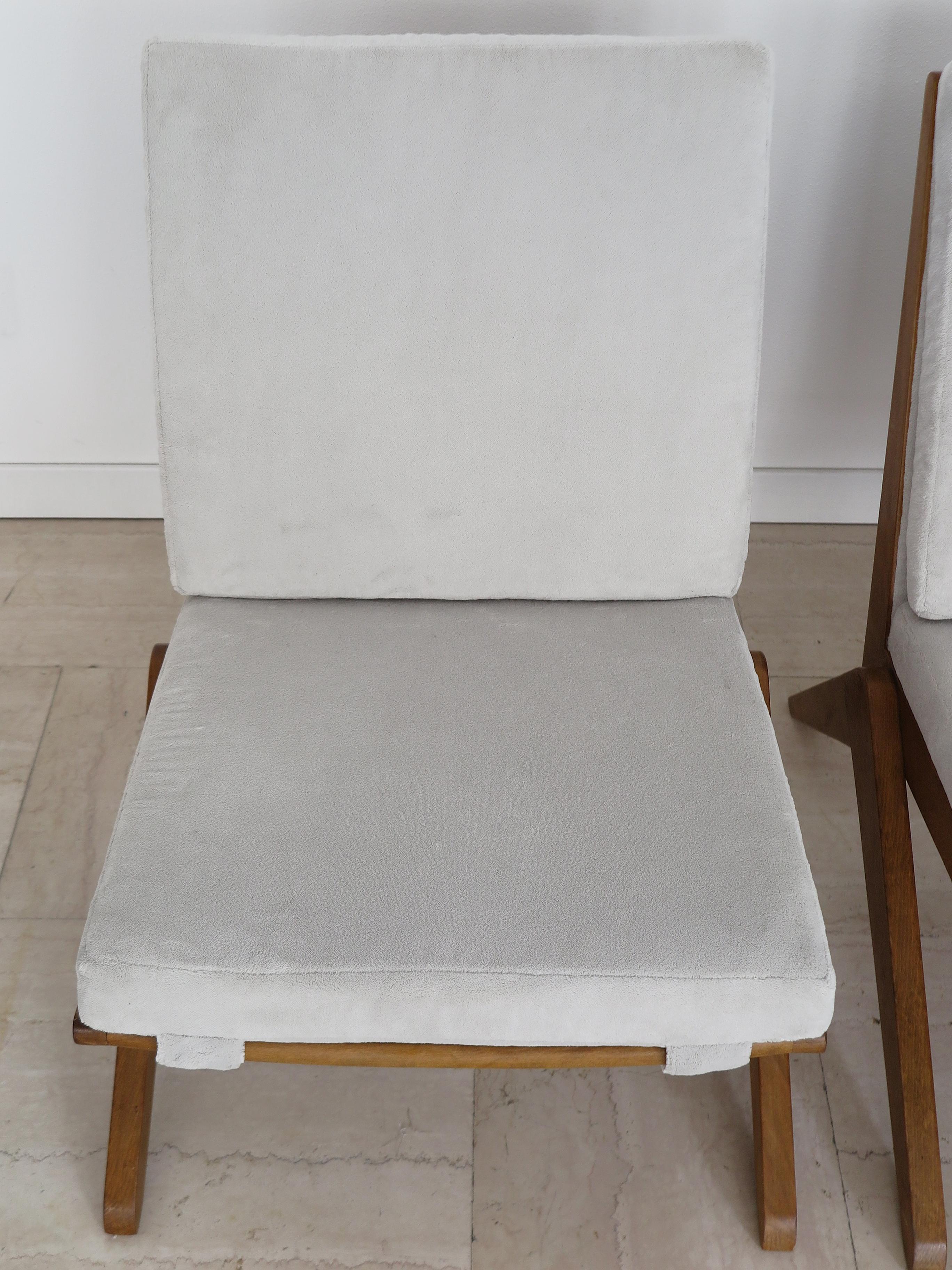 Midcentury Pierre Jeanneret Style French Wood Velvet Armchairs 1950s 2