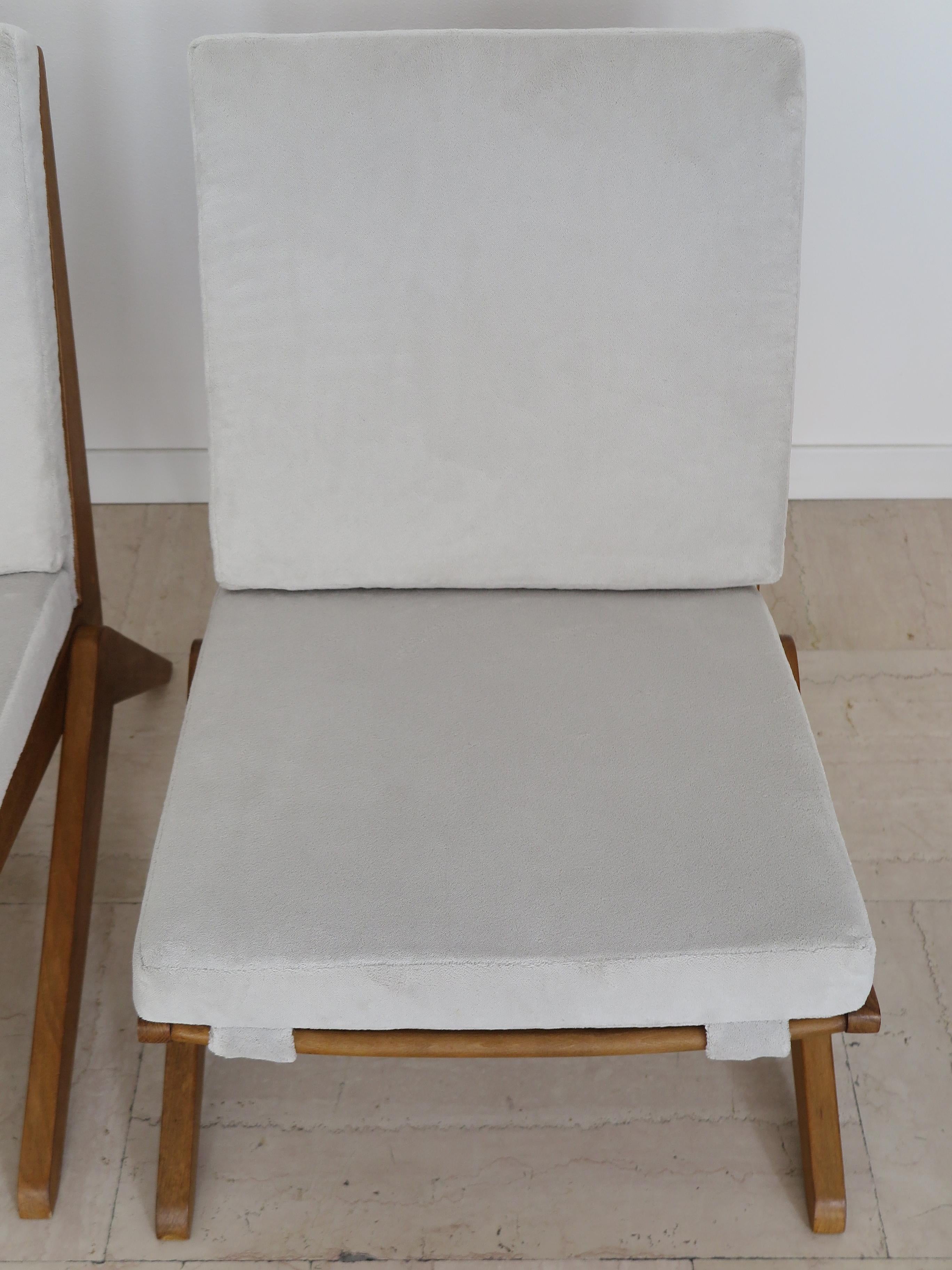 Midcentury Pierre Jeanneret Style French Wood Velvet Armchairs 1950s 3