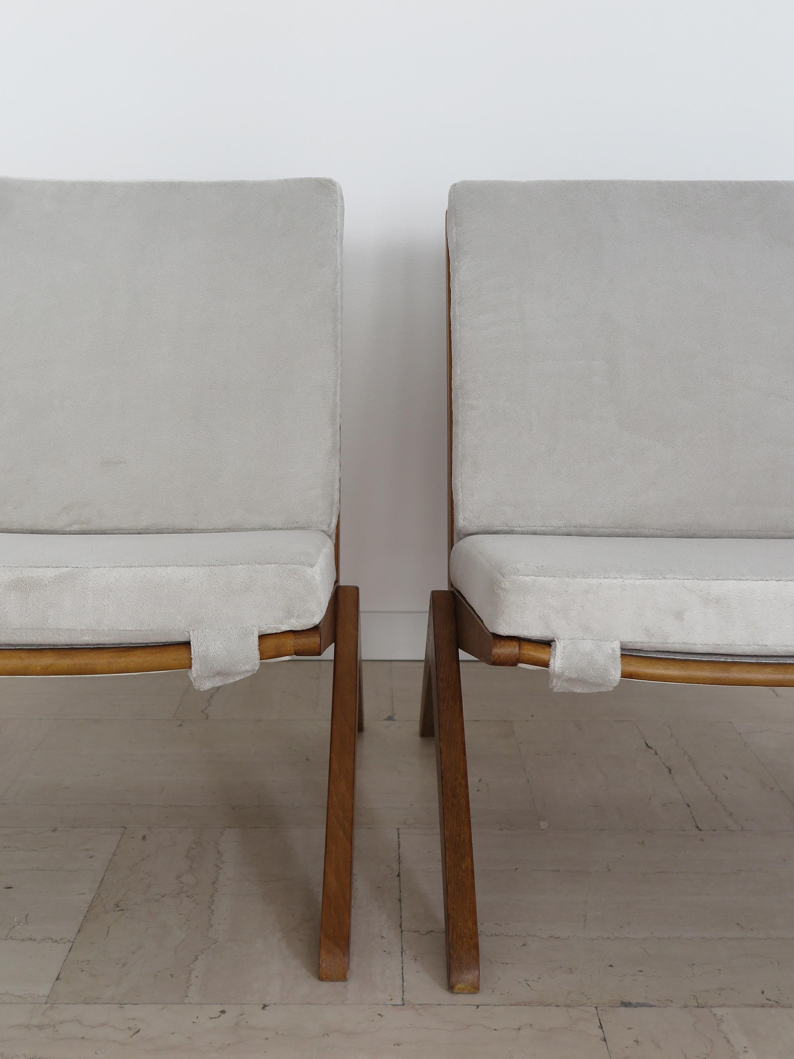 Midcentury Pierre Jeanneret Style French Wood Velvet Armchairs 1950s 4