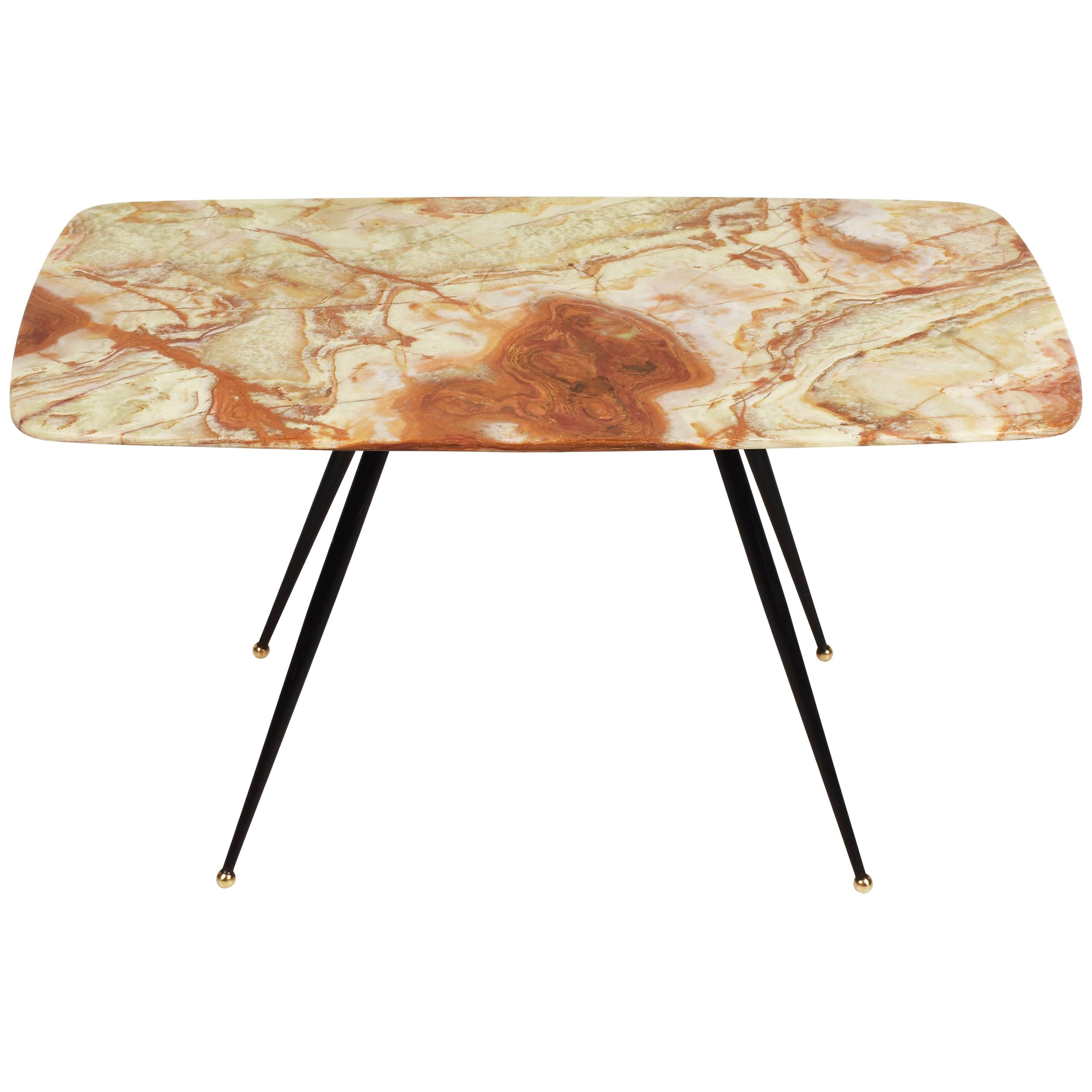 Midcentury Pink and Green Onyx Marble Italian Coffee Table with Brass Feet 1950s